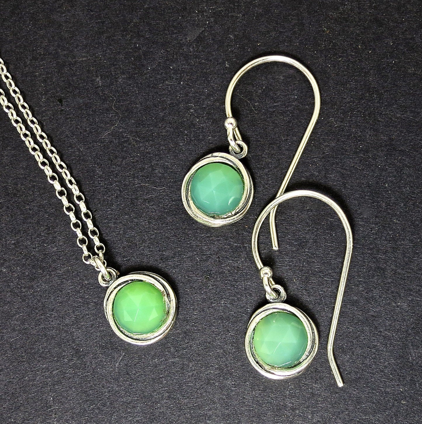 Jade earrings and necklace set, Sterling silver 925 jewelry set, Green stone set earrings and Pendant