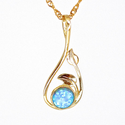 Solid 14k Gold Opal Necklace for women, Unique real gold Blue opal Pendant necklace with Leaves