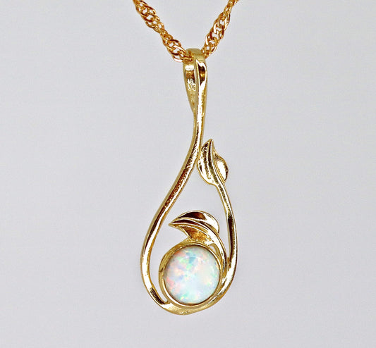 Opal necklace, White Opal 14k solid gold necklace, Opal leaf Pendant