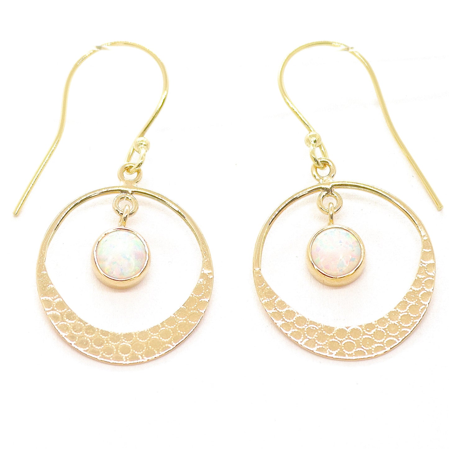 Opal 14k gold dangle hoop earrings, White Opal circle Earrings