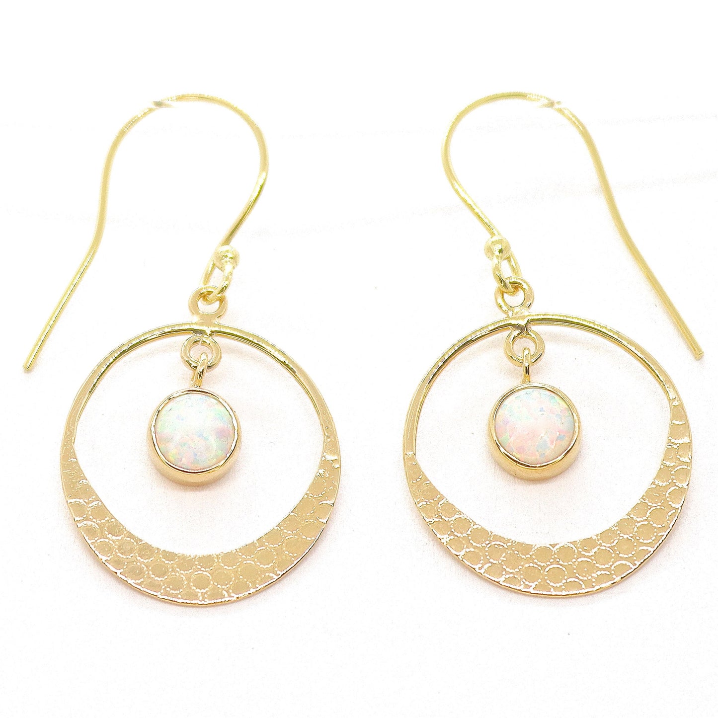 Opal 14k gold dangle hoop earrings, White Opal circle Earrings