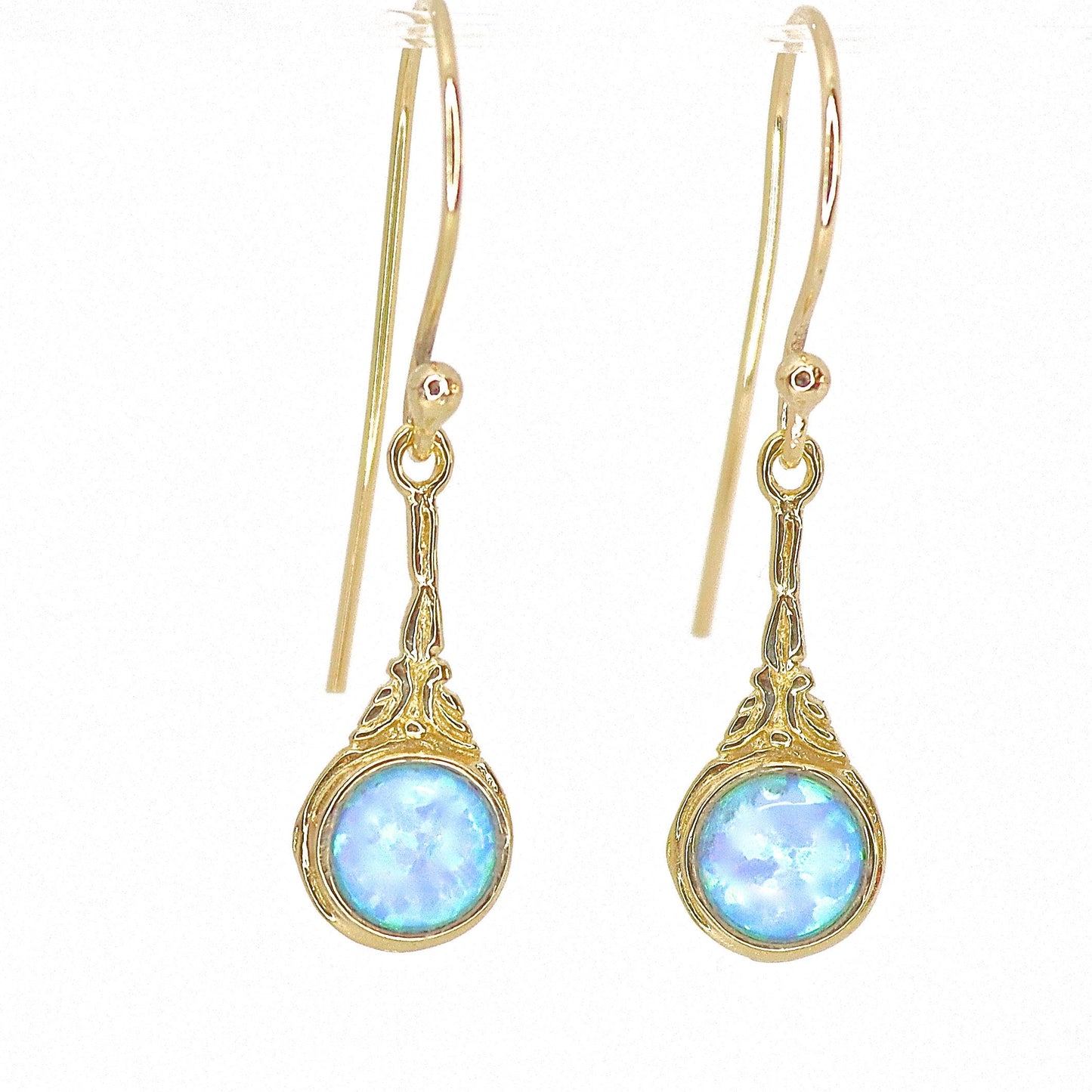 Opal 14k solid gold dangle earrings victorian style, Blue opal earrings