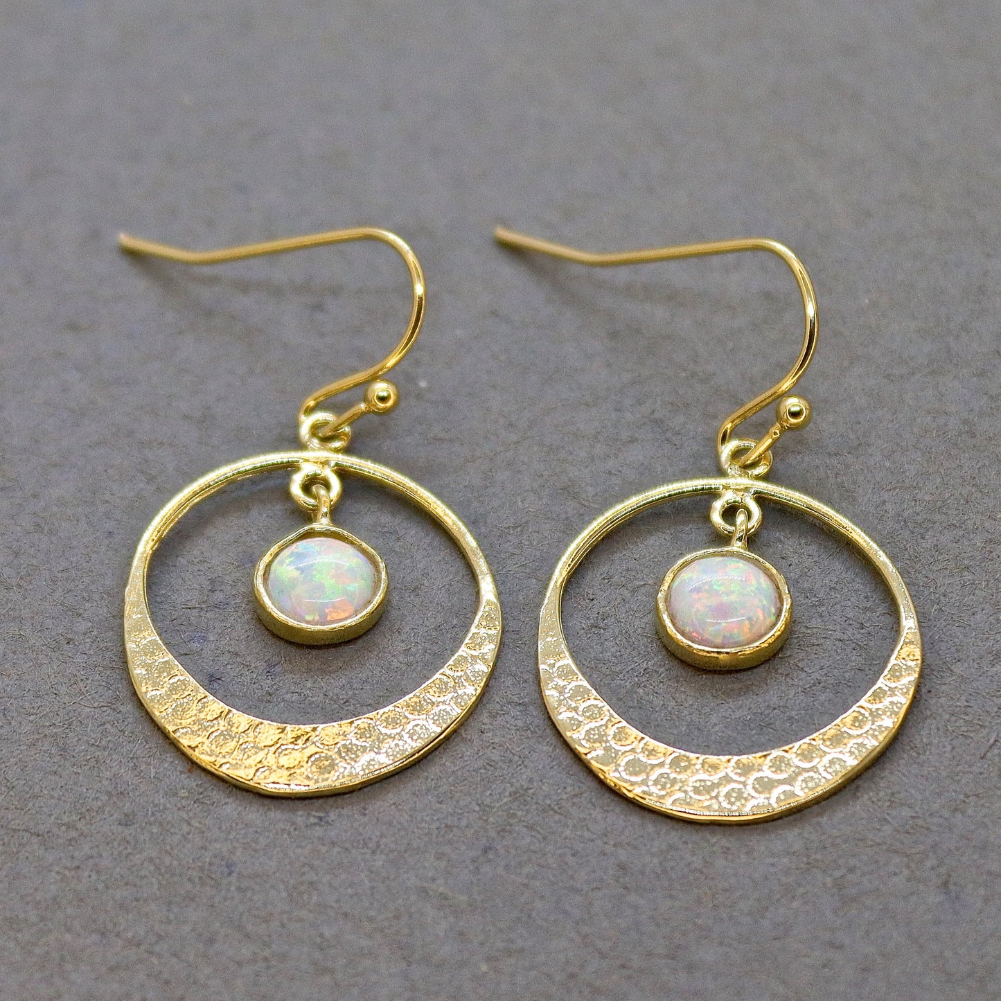 Opal 14k gold dangle hoop earrings, White Opal circle Earrings