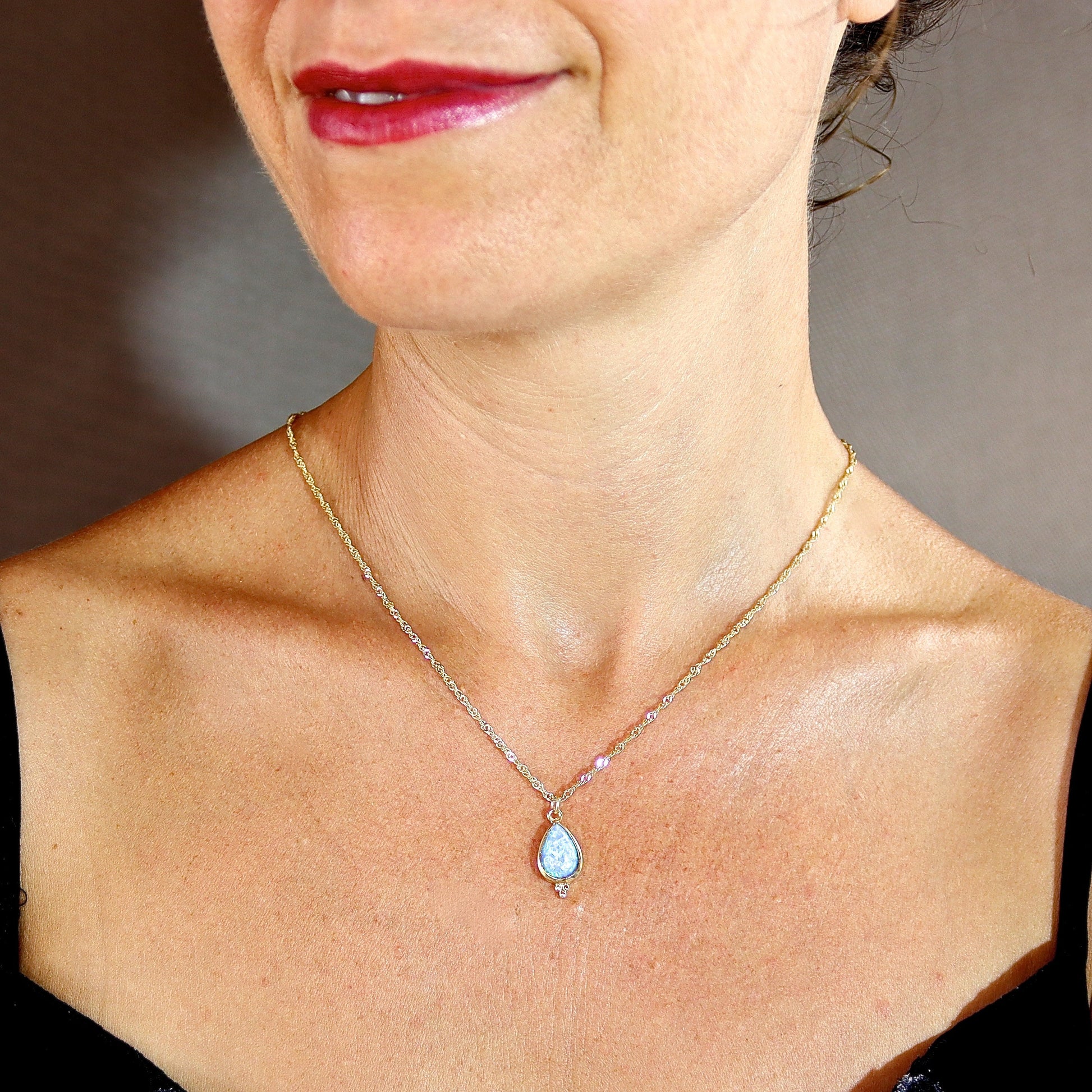 Blue Opal teardrop solid 14k gold necklace pendant