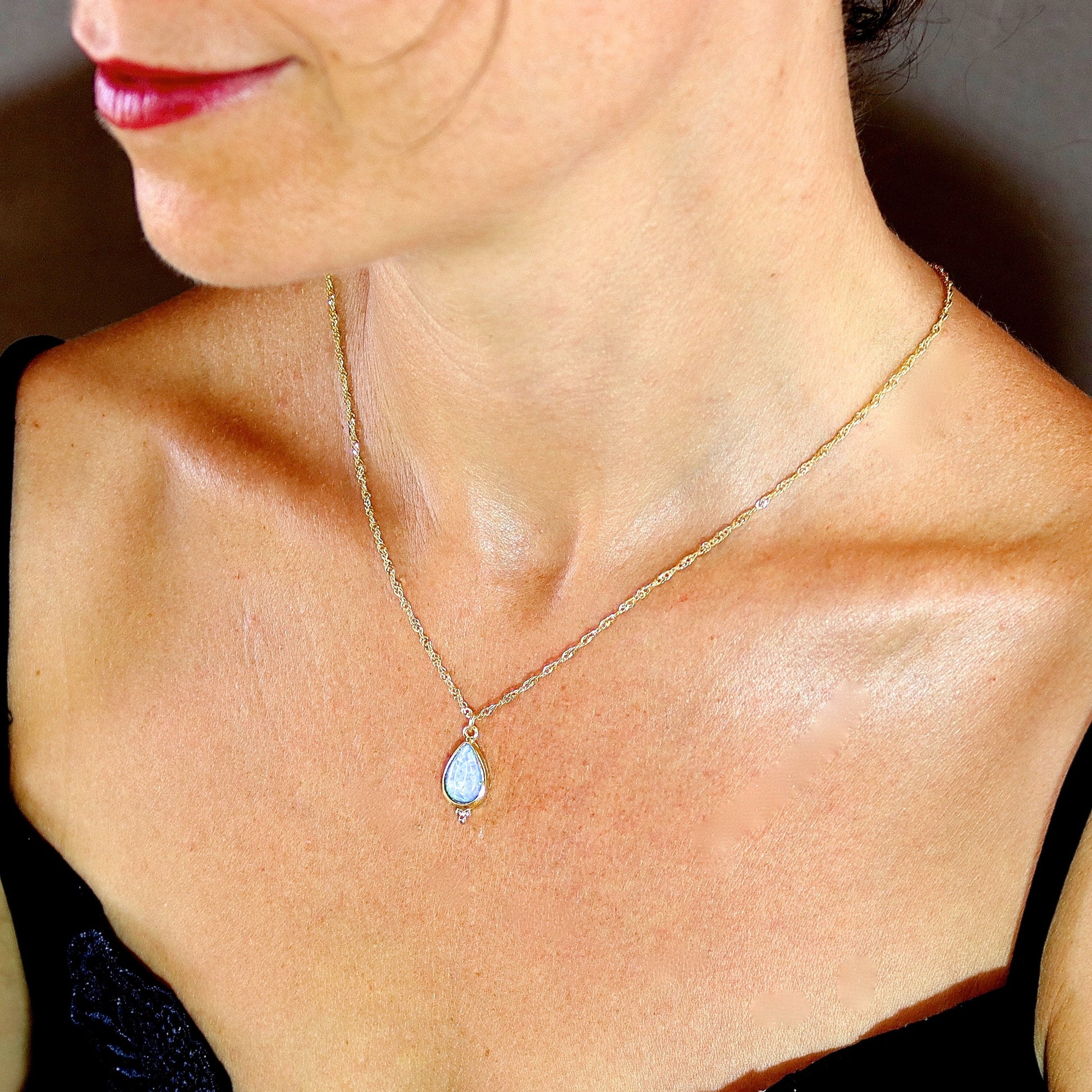 Blue Opal teardrop solid 14k gold necklace pendant
