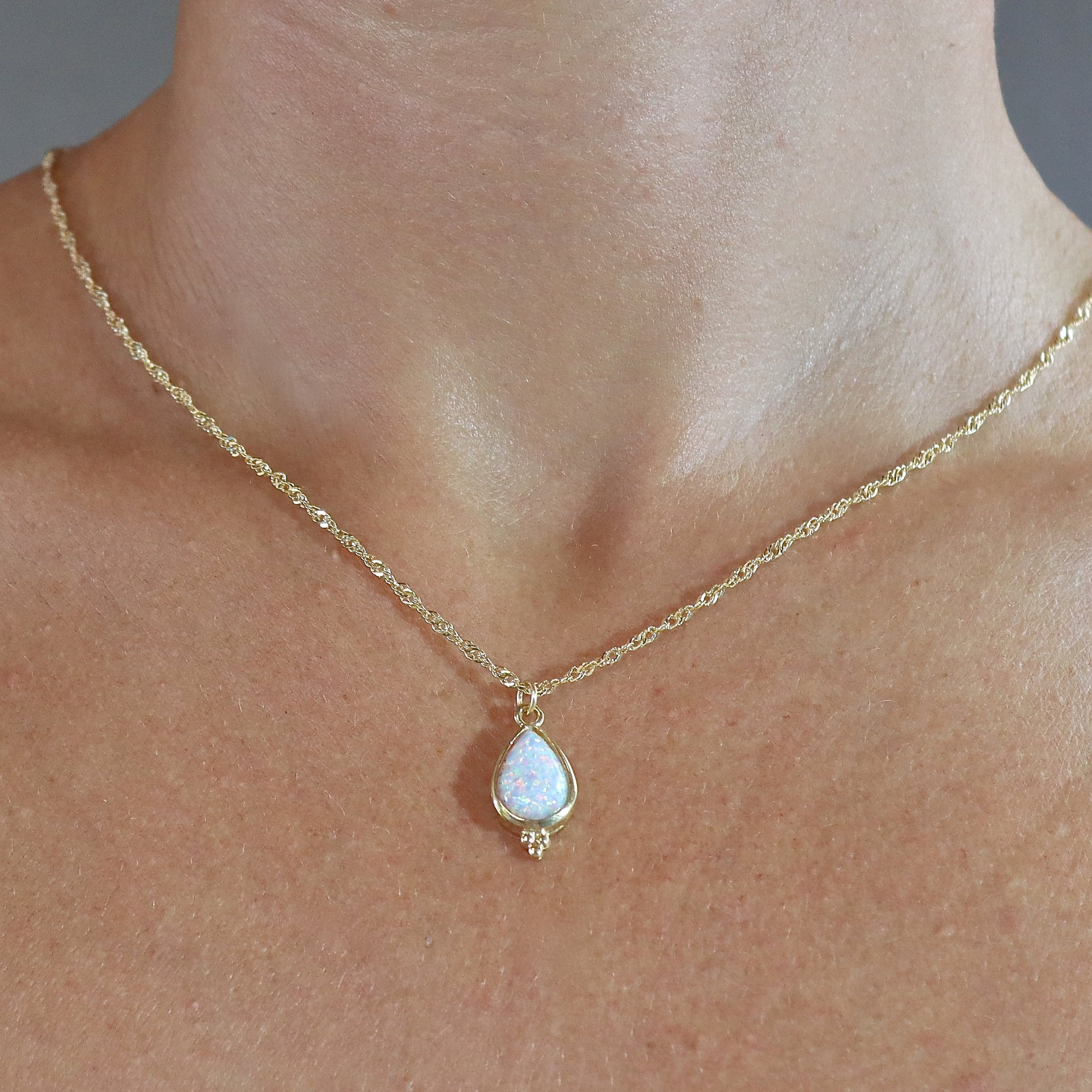 Opal solid 14k gold teardrop necklace pendant, White opal gold necklace