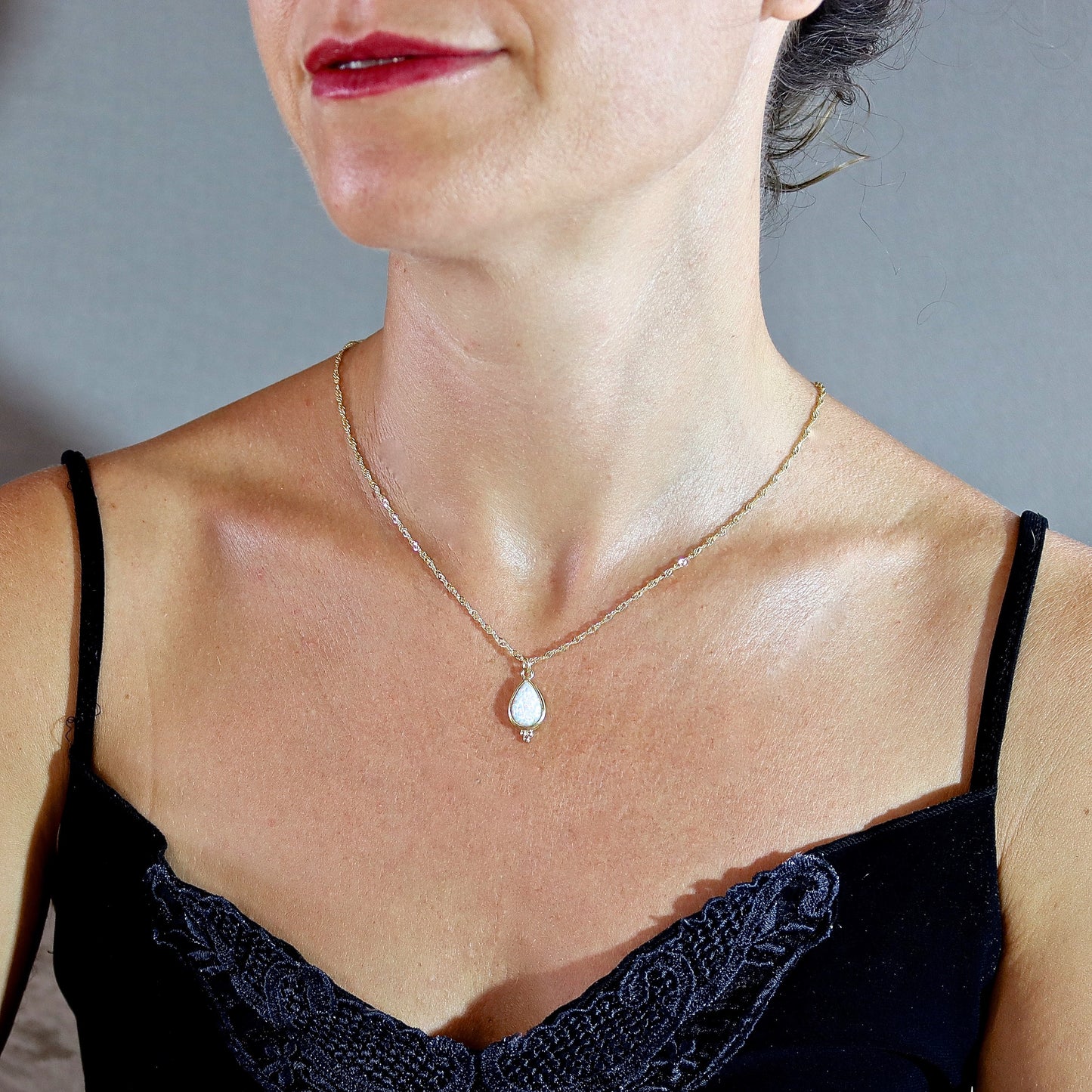 Opal solid 14k gold teardrop necklace pendant, White opal gold necklace