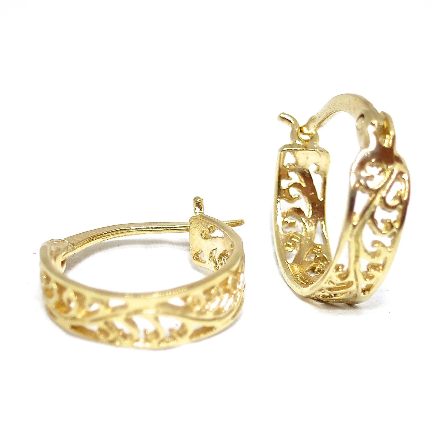 Filigree gold hoop earrings for women, 14K solid gold earrings, Statement gold hoops