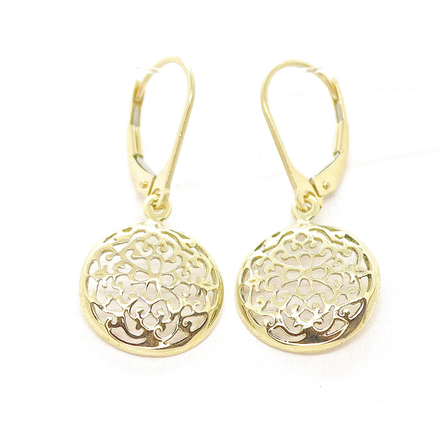 Filigree gold dangle earrings, Solid 14k gold victorian earrings