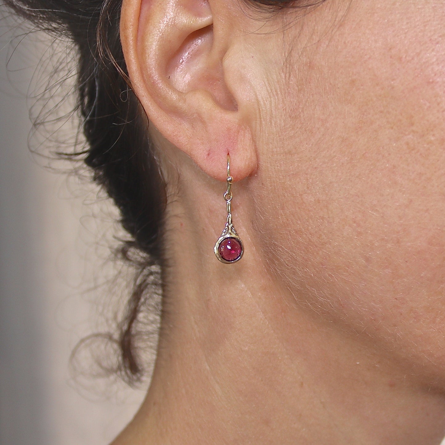 Garnet gold dangle earrings, Solid 14k gold victorian earrings