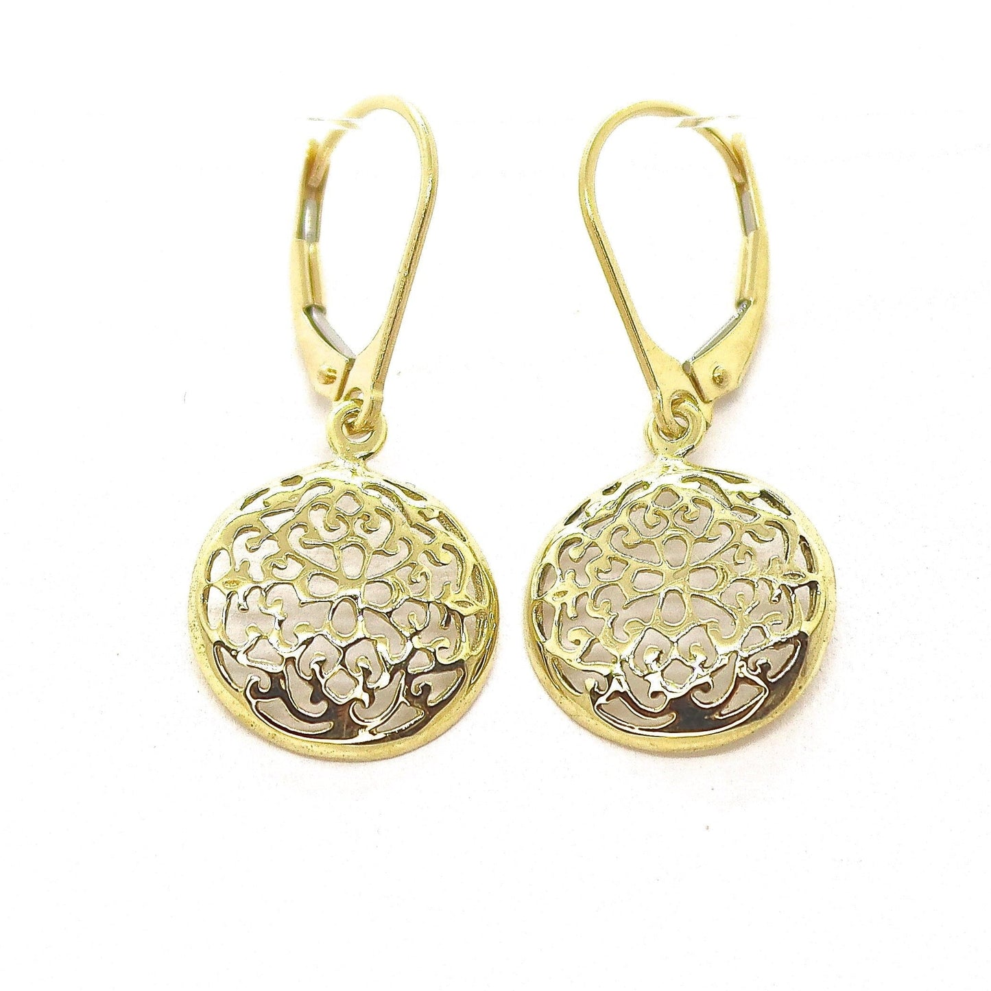 Filigree gold dangle earrings, Solid 14k gold victorian earrings