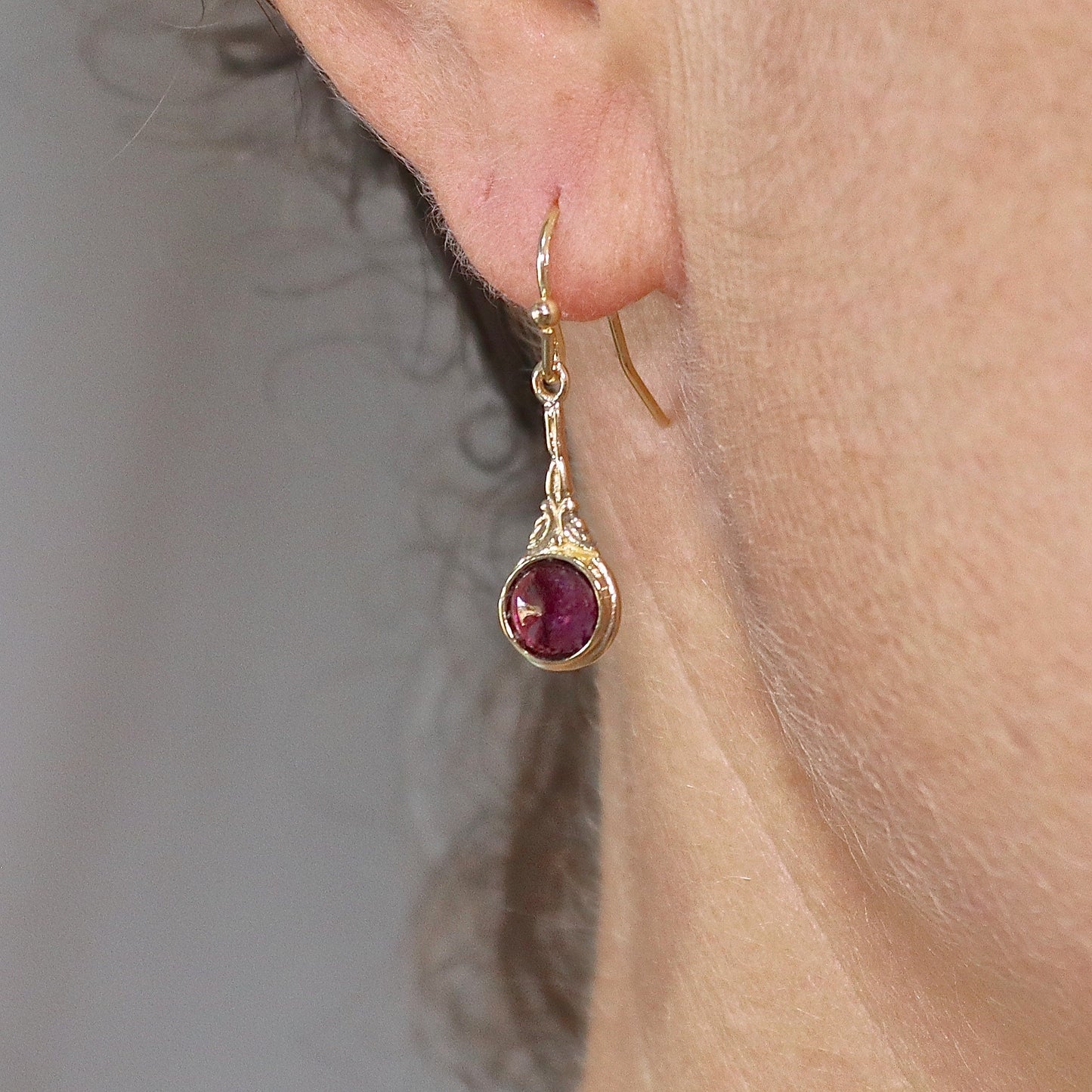 Garnet gold dangle earrings, Solid 14k gold victorian earrings