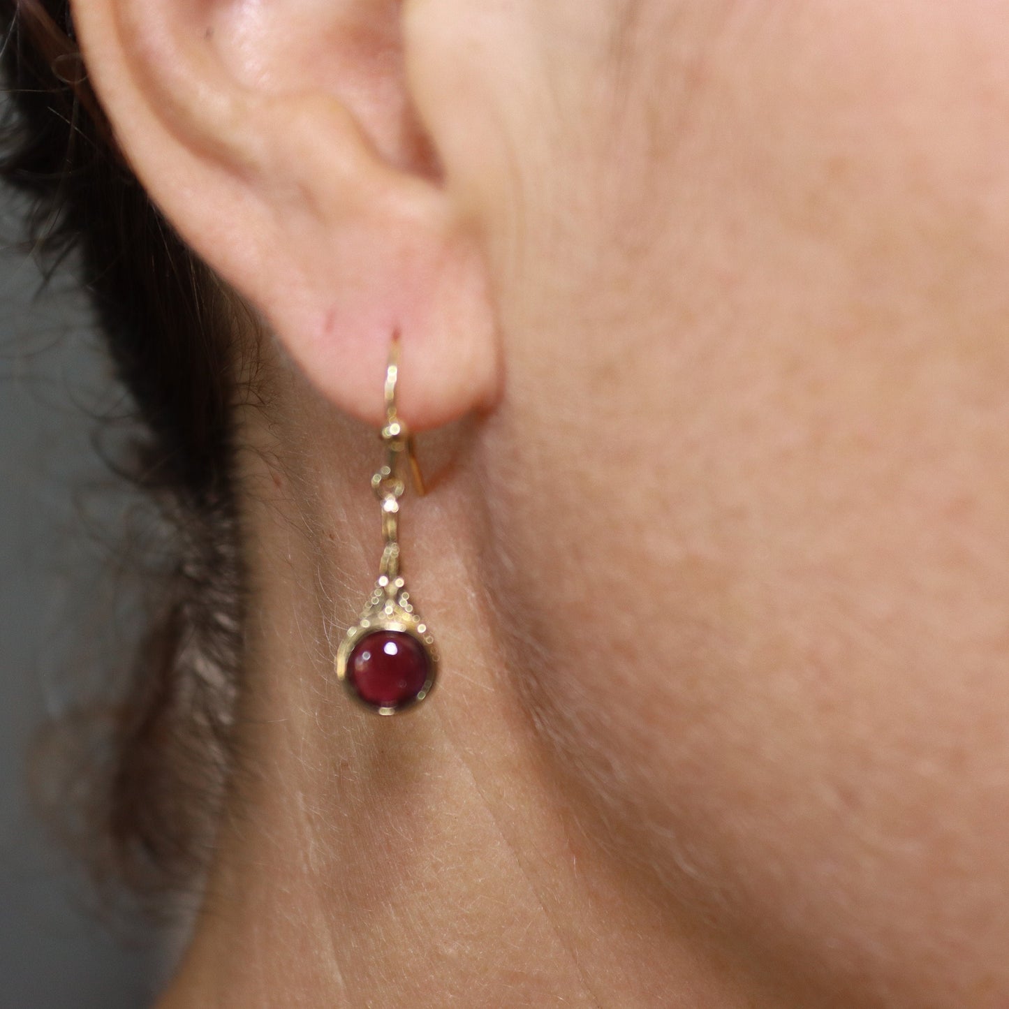 Garnet gold dangle earrings, Solid 14k gold victorian earrings