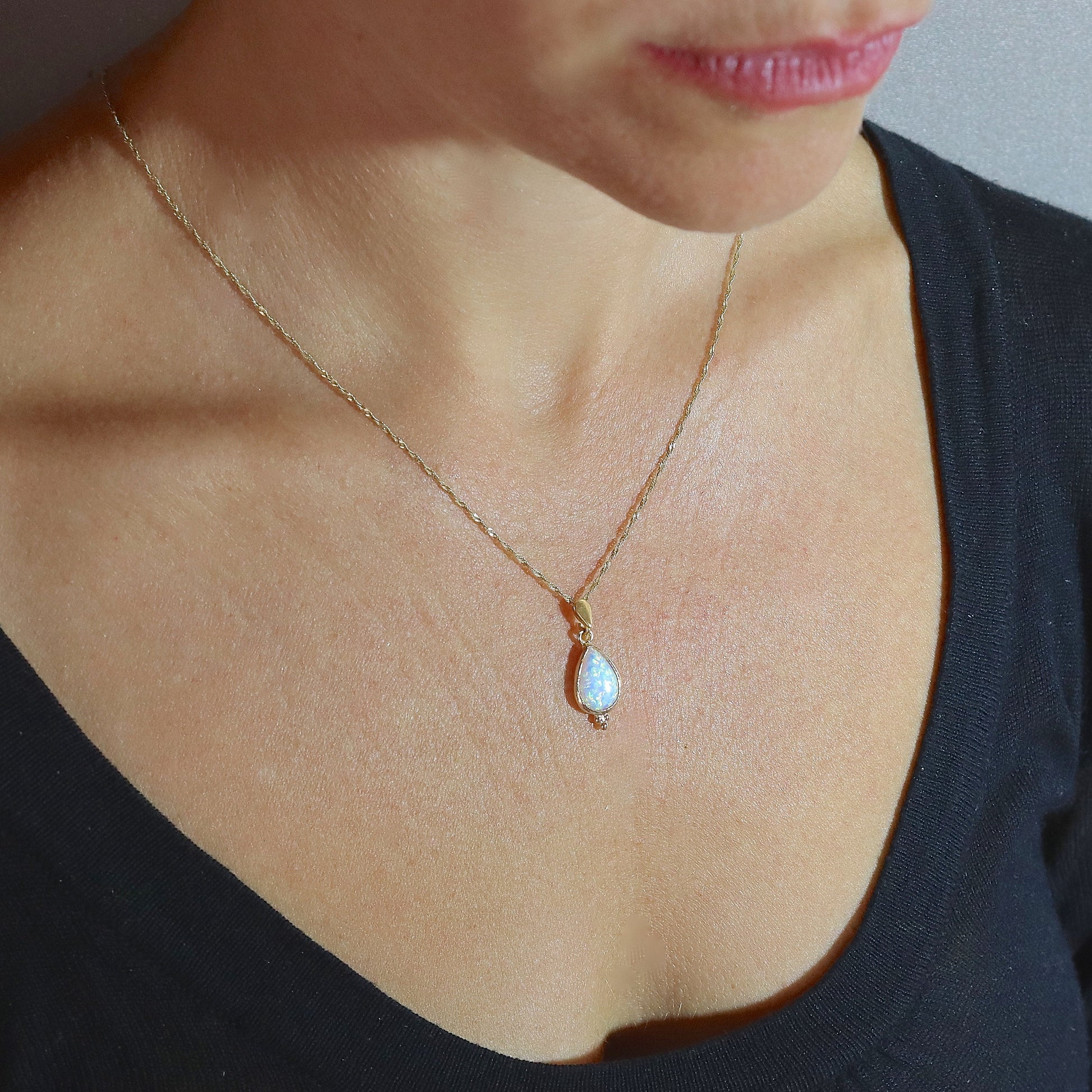 Opal gold necklace, White opal solid 14k gold drop pendant necklace
