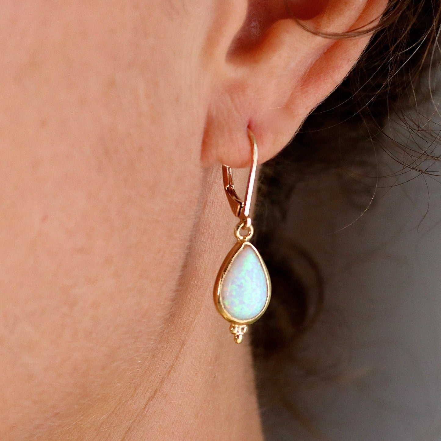White Opal teardrop 14k solid gold dangle earring for woman