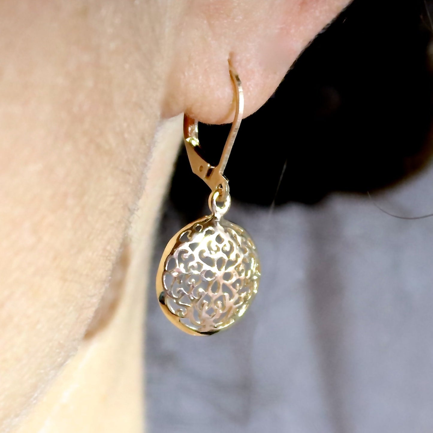 Filigree gold dangle earrings, Solid 14k gold victorian earrings