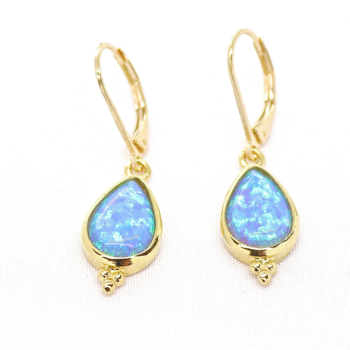 Opal gold earrings, Solid 14k gold blue Opal dangle earrings