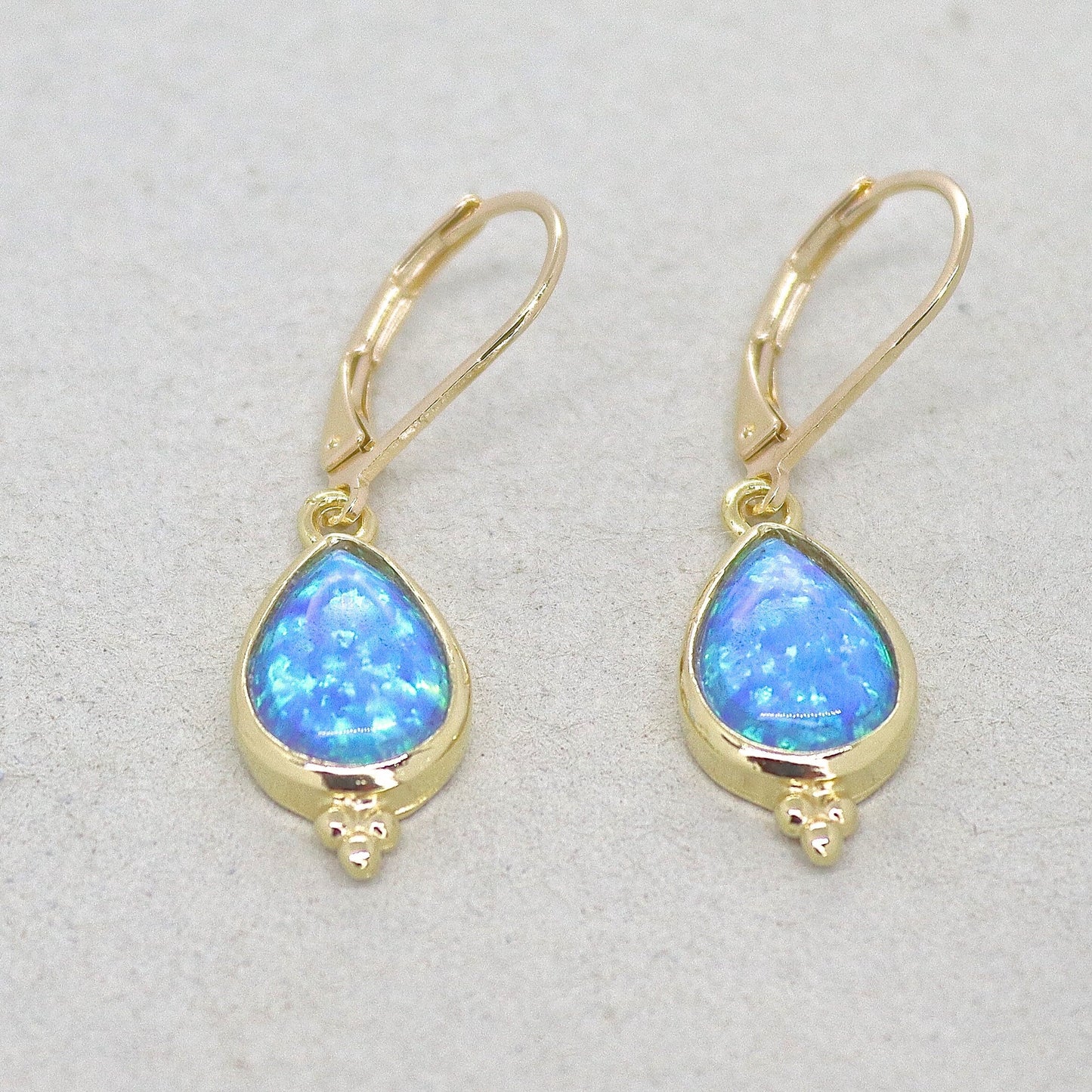 Opal gold earrings, Solid 14k gold blue Opal dangle earrings