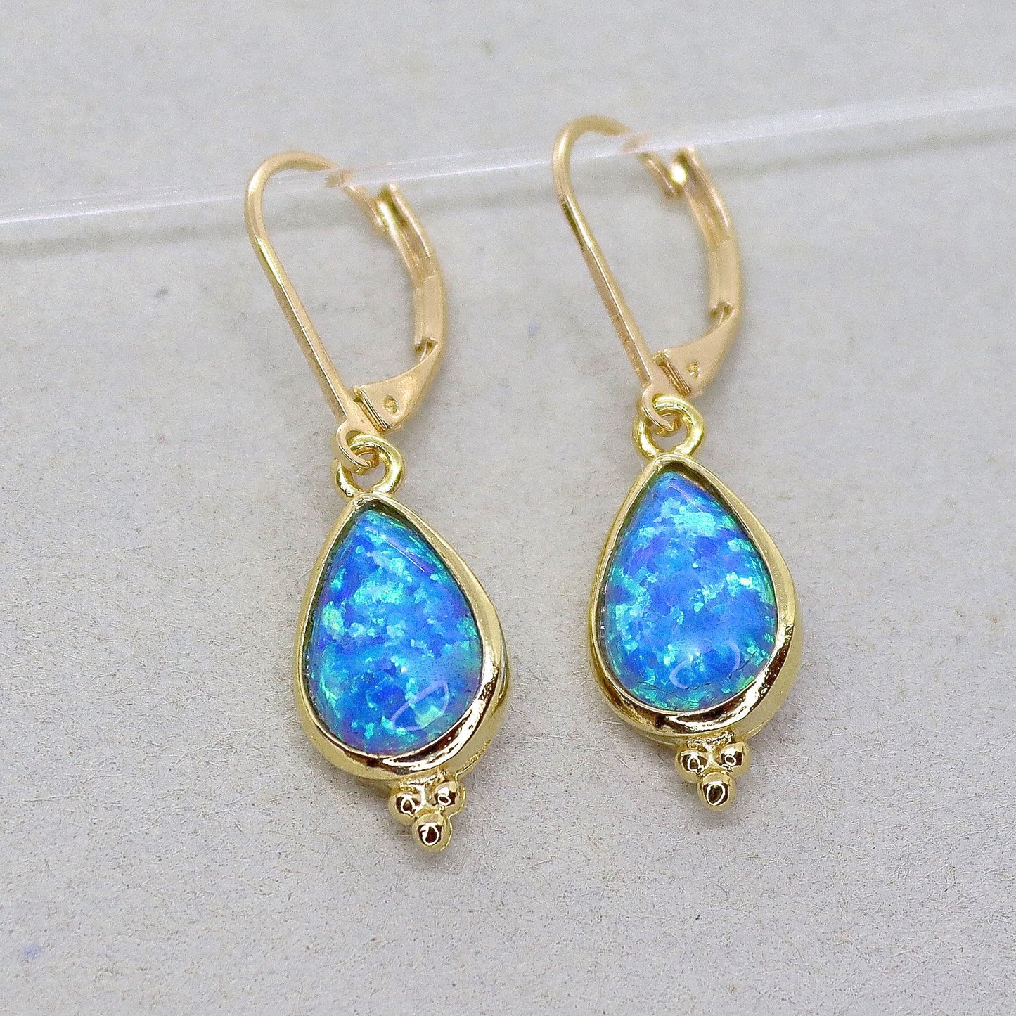 Opal gold earrings, Solid 14k gold blue Opal dangle earrings
