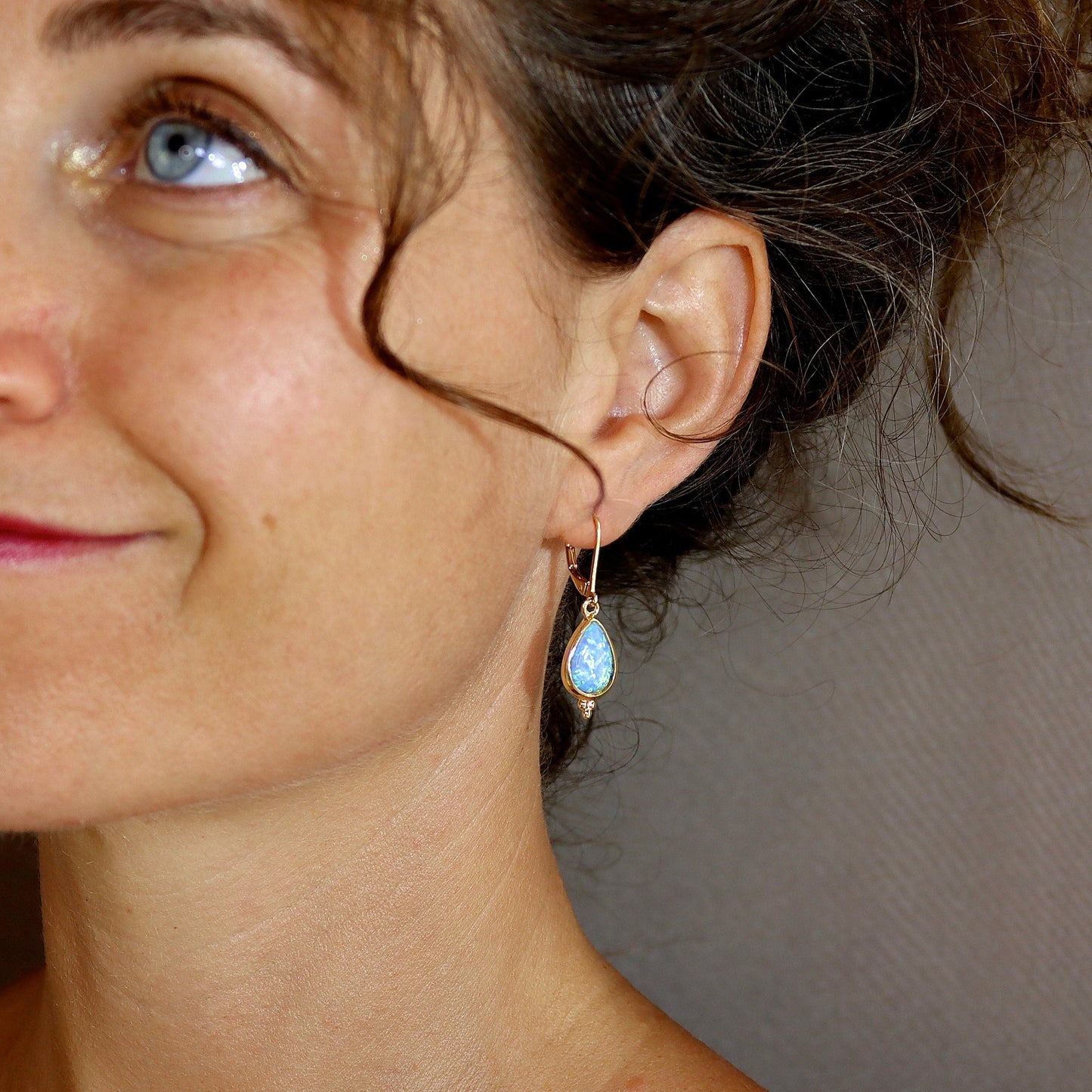 Opal gold earrings, Solid 14k gold blue Opal dangle earrings