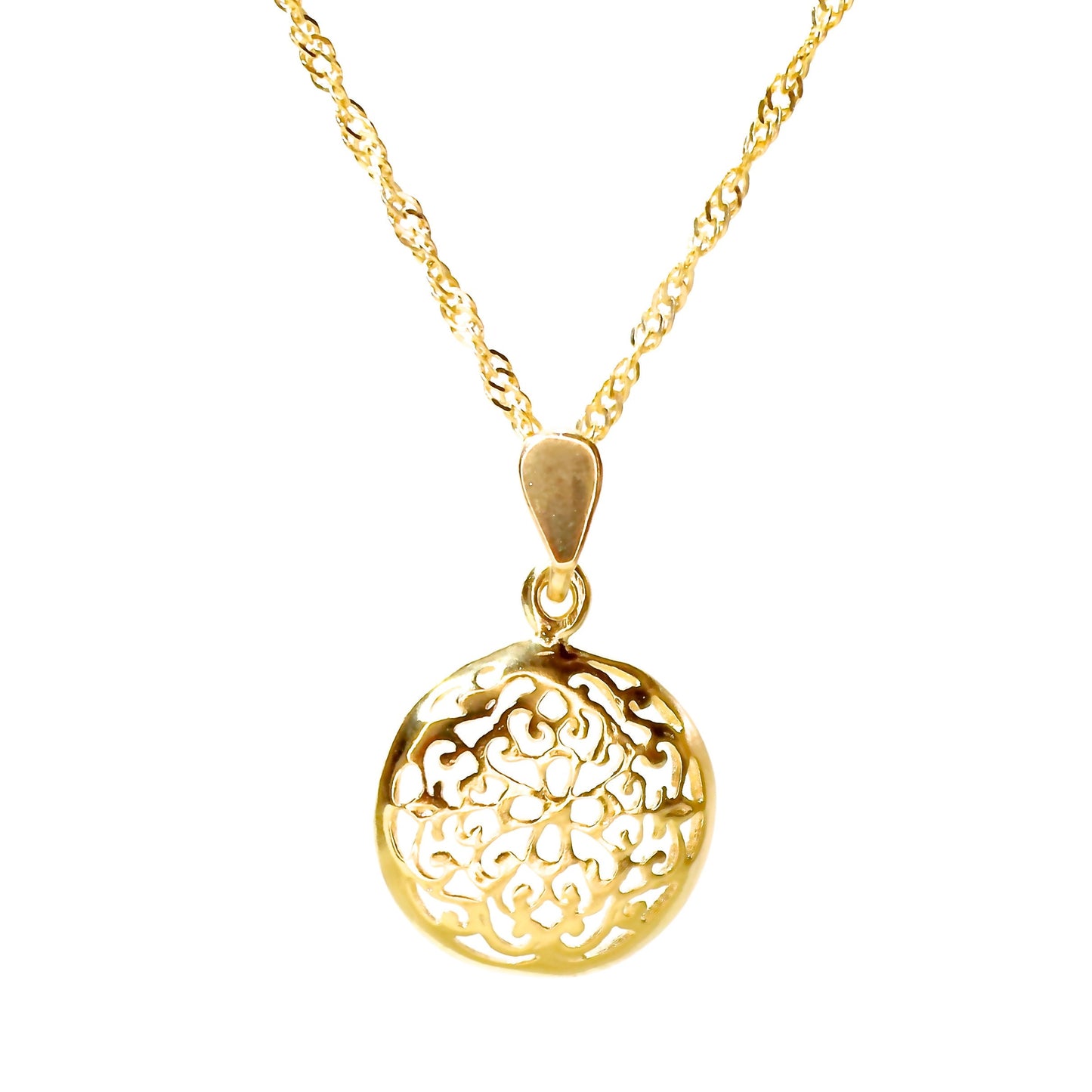 Filigree necklace, Solid 14k gold round necklace pendant
