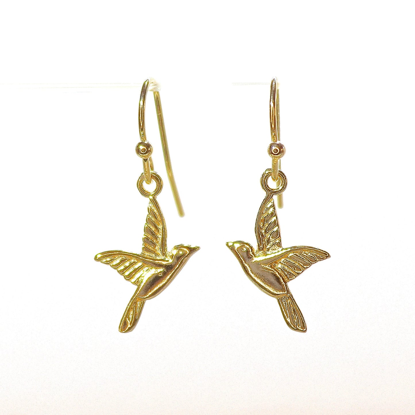 Bird solid 14k gold dangle earrings, Humming bird earrings