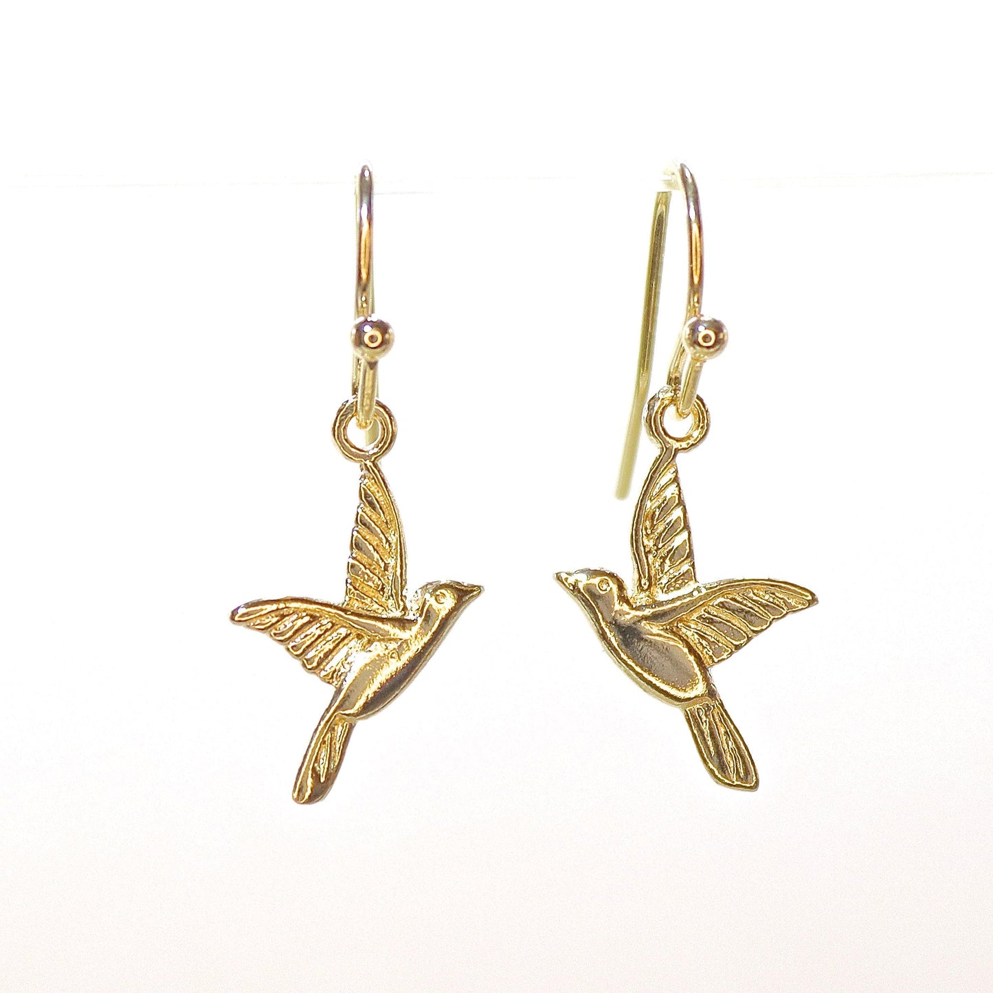 Bird solid 14k gold dangle earrings, Humming bird earrings