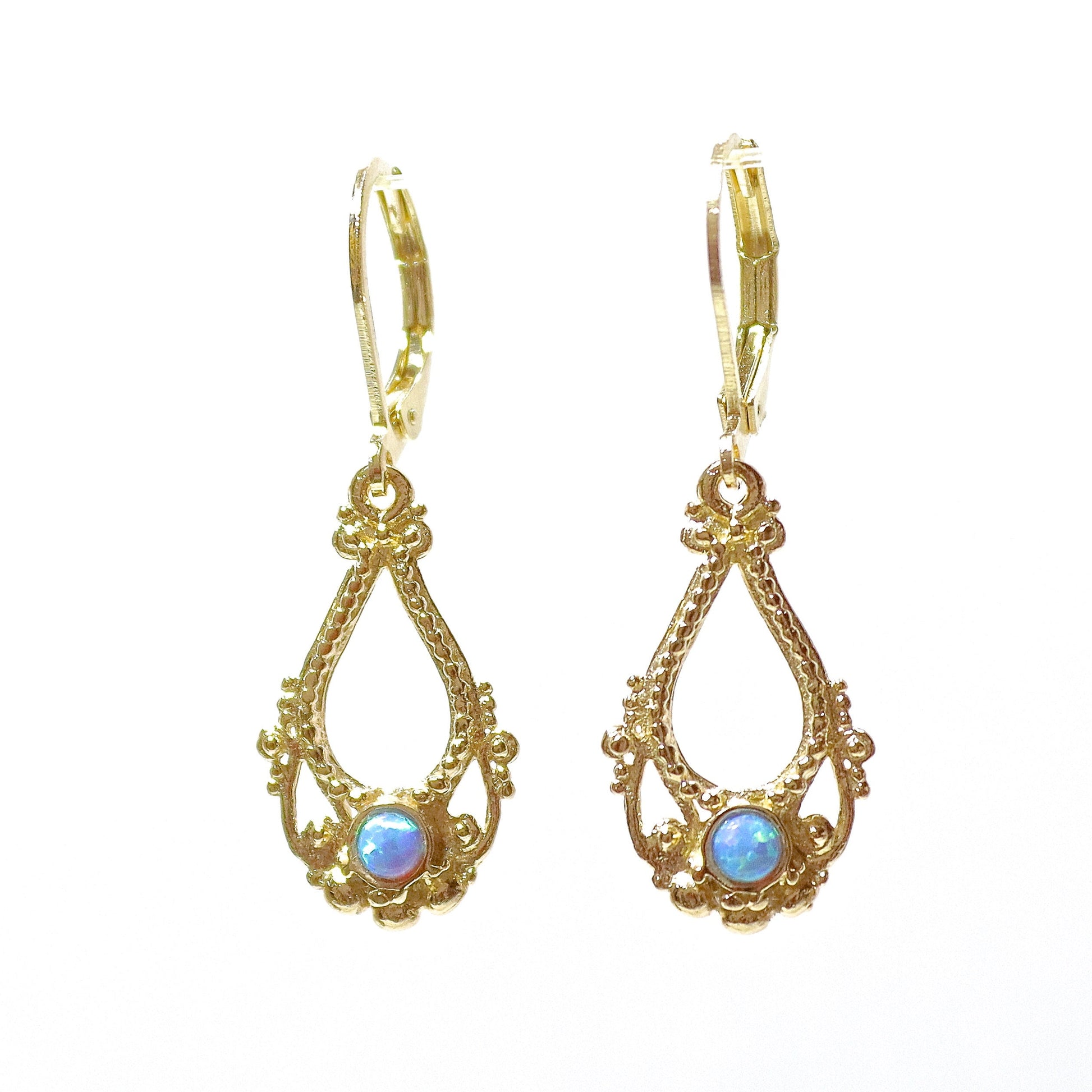 14K Gold Opal Dangle Earrings, Solid Gold Victorian Earrings, Vintage Style Jewelry, Anniversary Gift for Her