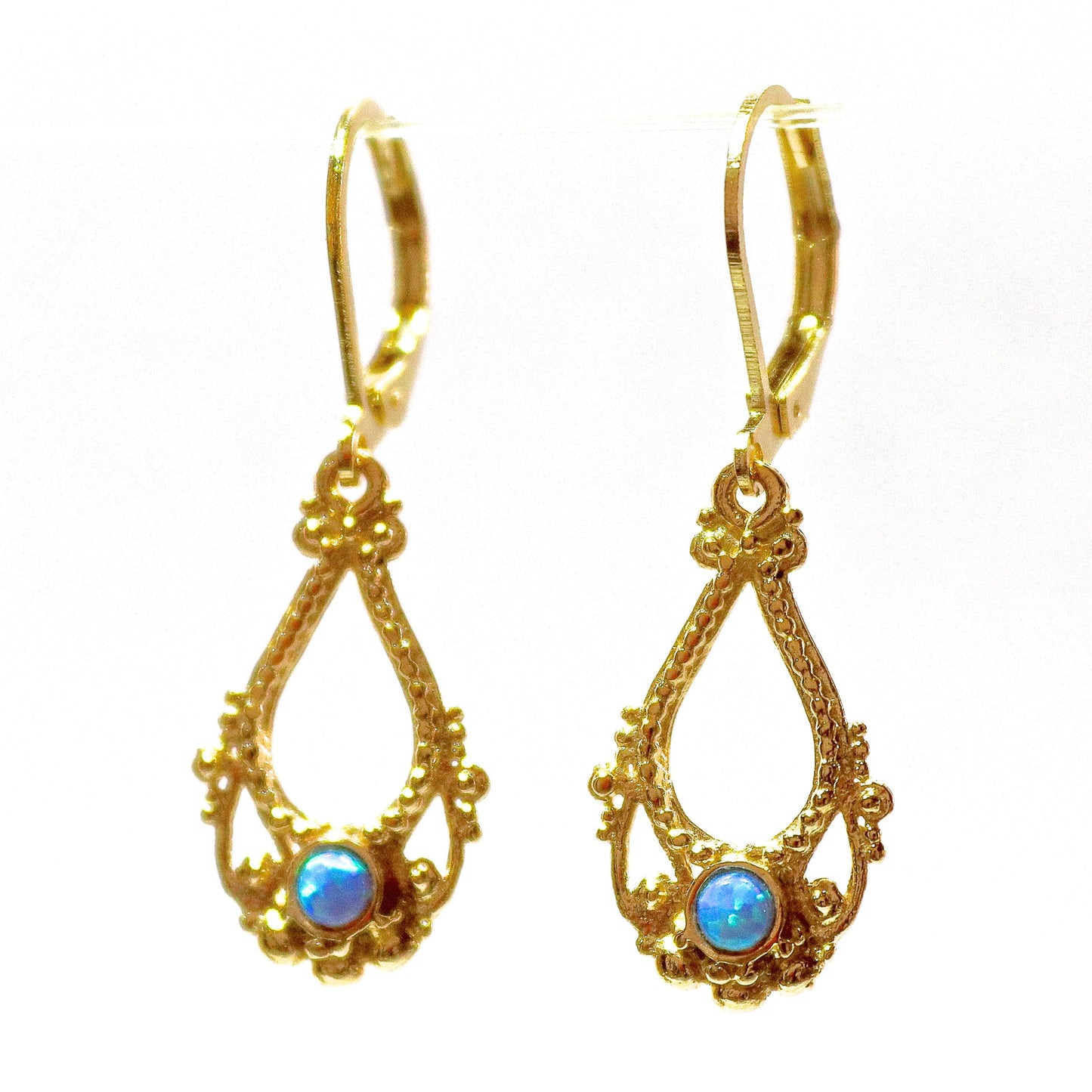 14K Gold Opal Dangle Earrings, Solid Gold Victorian Earrings, Vintage Style Jewelry, Anniversary Gift for Her