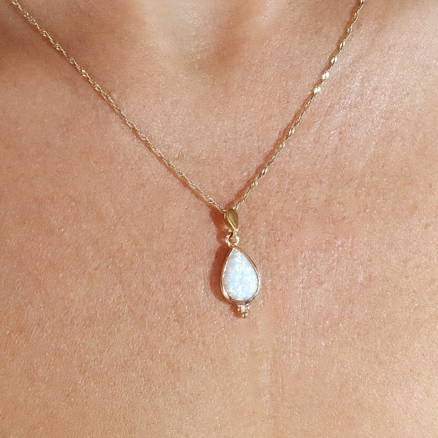 Opal gold necklace, White opal solid 14k gold drop pendant necklace