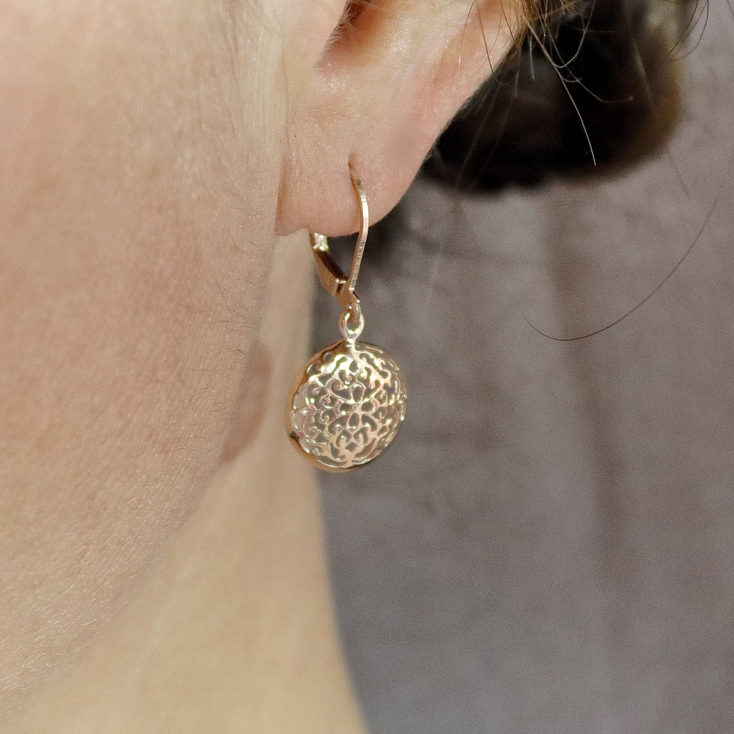 Filigree gold dangle earrings, Solid 14k gold victorian earrings