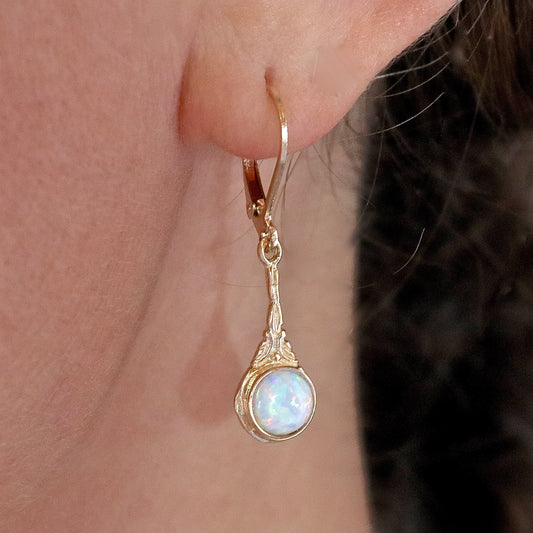 Solid 14k gold Opal earrings, White opal victorian earrings