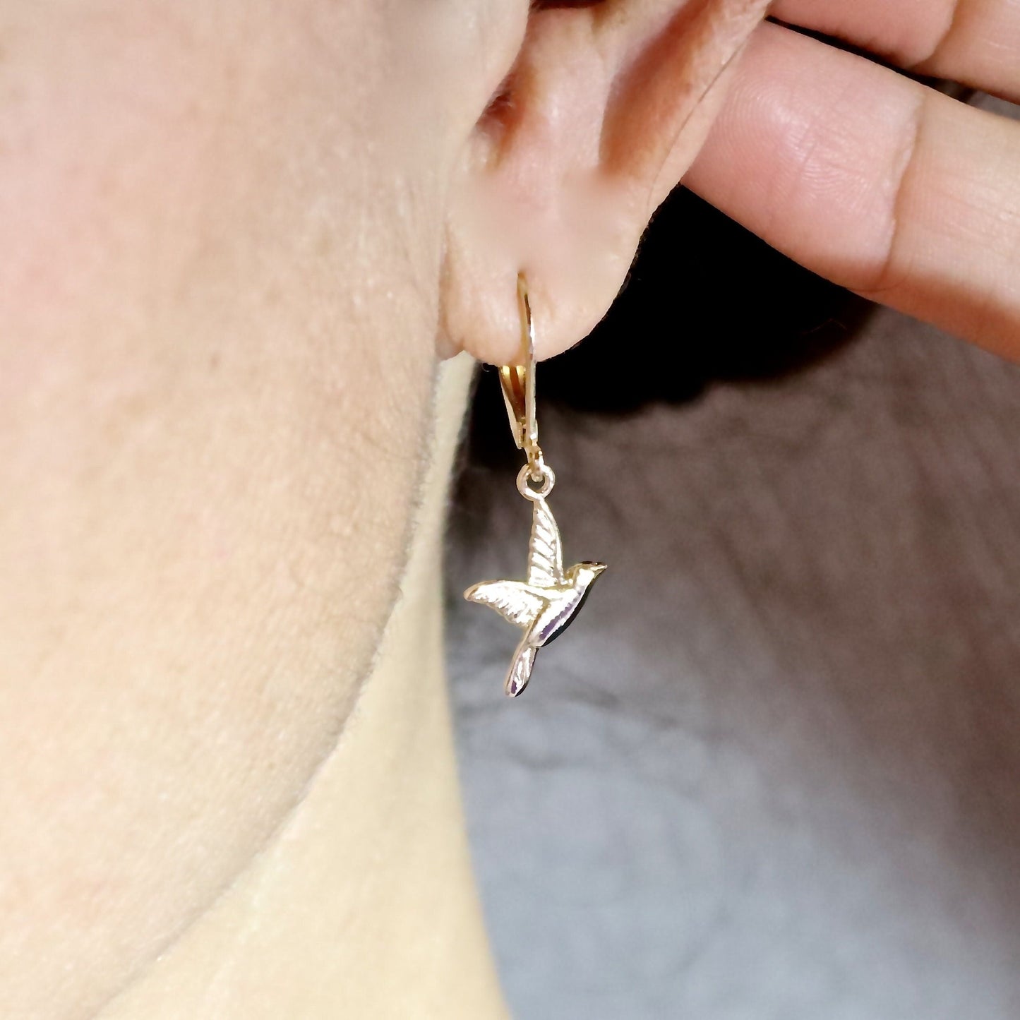 Bird solid 14k gold dangle earrings, Humming bird earrings