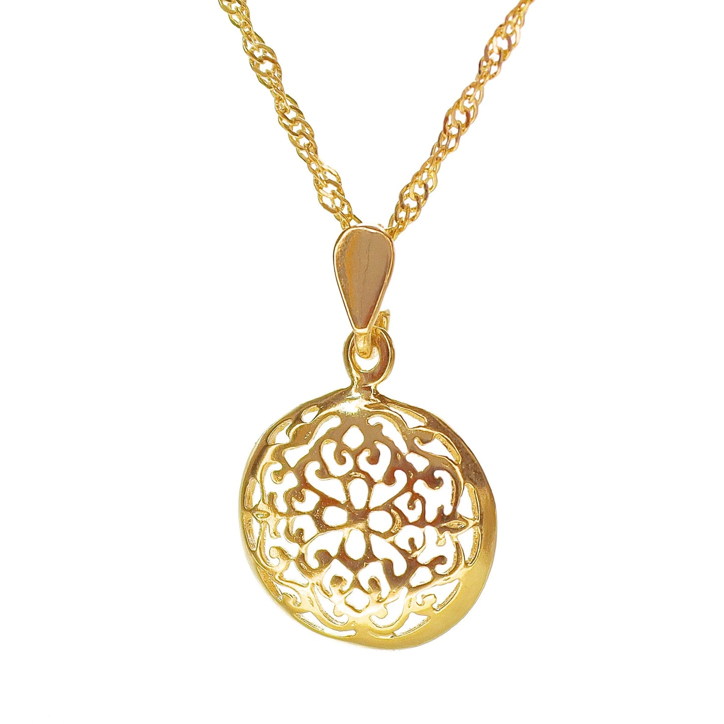 Filigree necklace, Solid 14k gold round necklace pendant