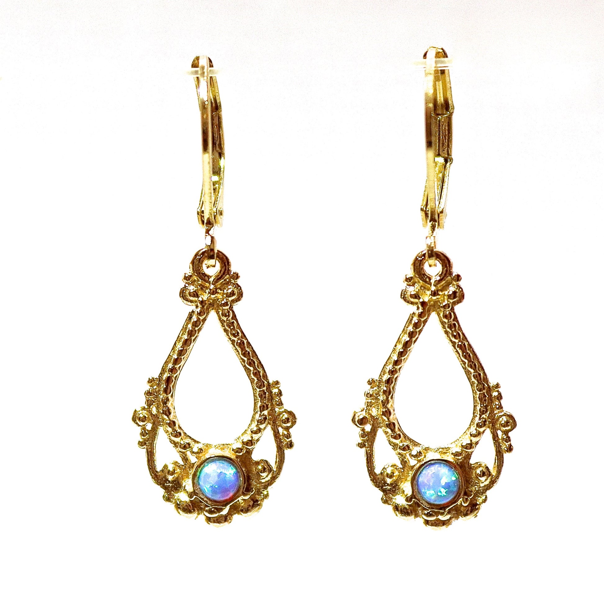 14K Gold Opal Dangle Earrings, Solid Gold Victorian Earrings, Vintage Style Jewelry, Anniversary Gift for Her