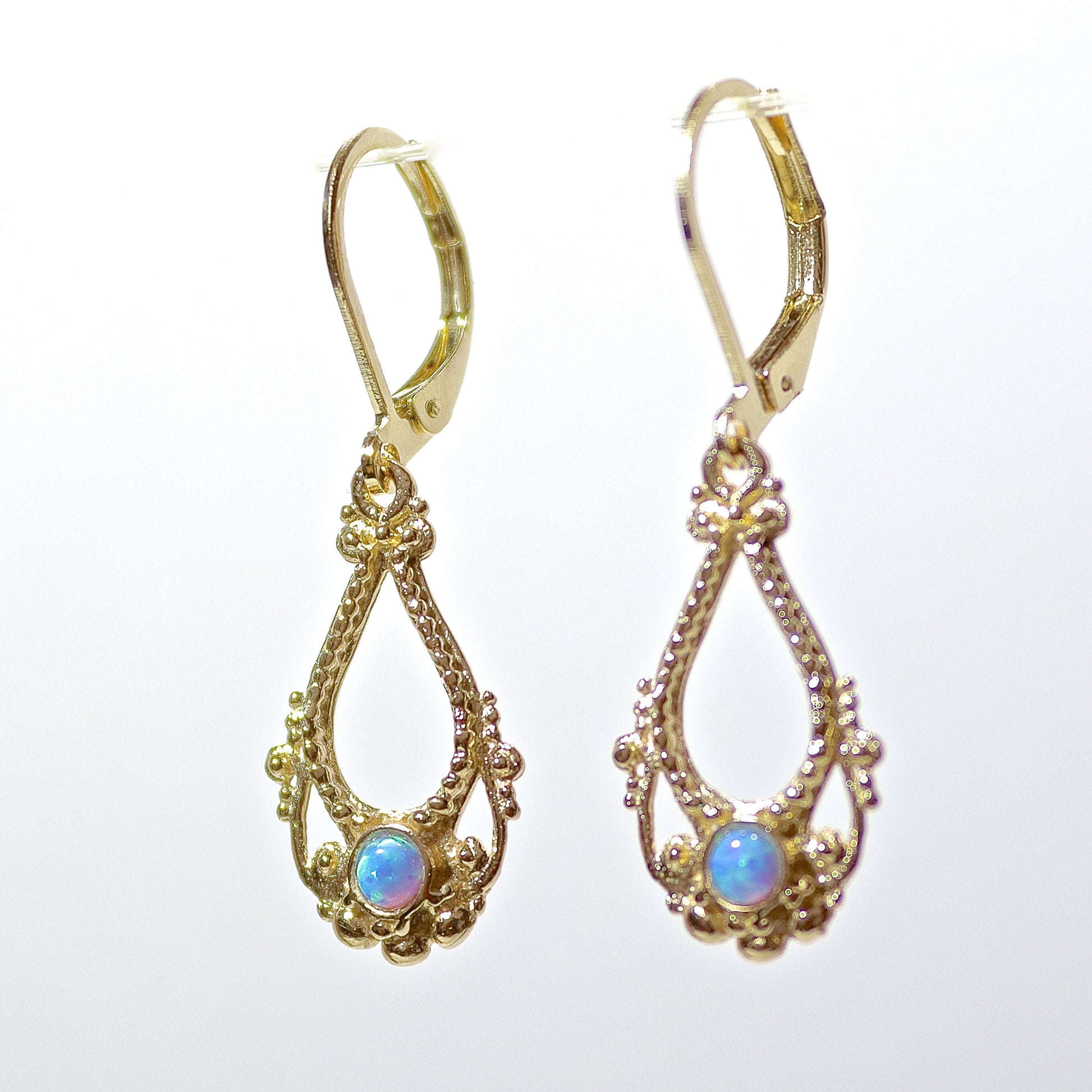 14K Gold Opal Dangle Earrings, Solid Gold Victorian Earrings, Vintage Style Jewelry, Anniversary Gift for Her