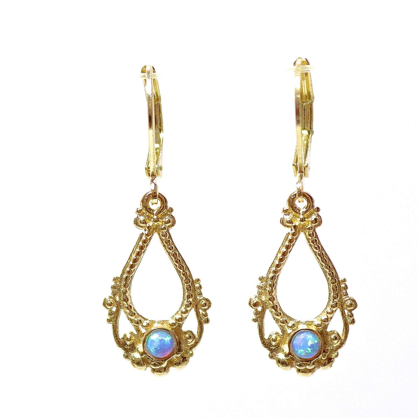 14K Gold Opal Dangle Earrings, Solid Gold Victorian Earrings, Vintage Style Jewelry, Anniversary Gift for Her