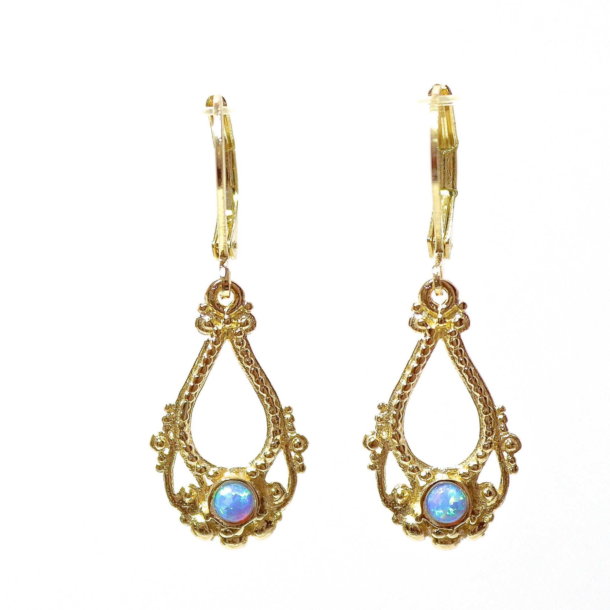 14K Gold Opal Dangle Earrings, Solid Gold Victorian Earrings, Vintage Style Jewelry, Anniversary Gift for Her