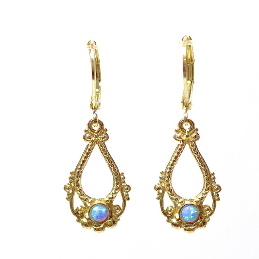 14K Gold Opal Dangle Earrings, Solid Gold Victorian Earrings, Vintage Style Jewelry, Anniversary Gift for Her
