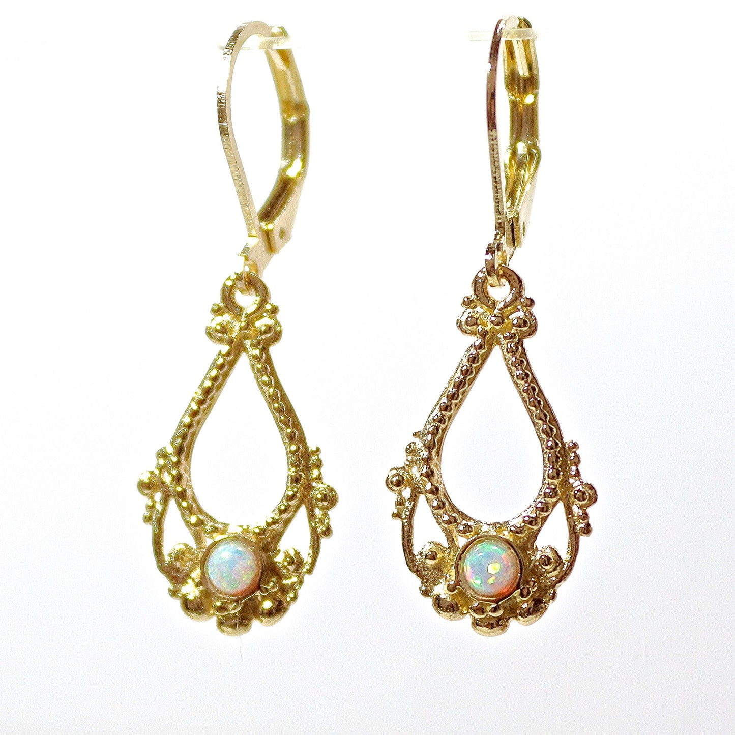 Opal earrings, Solid 14k gold dangle earring, White opal victorian style earringd