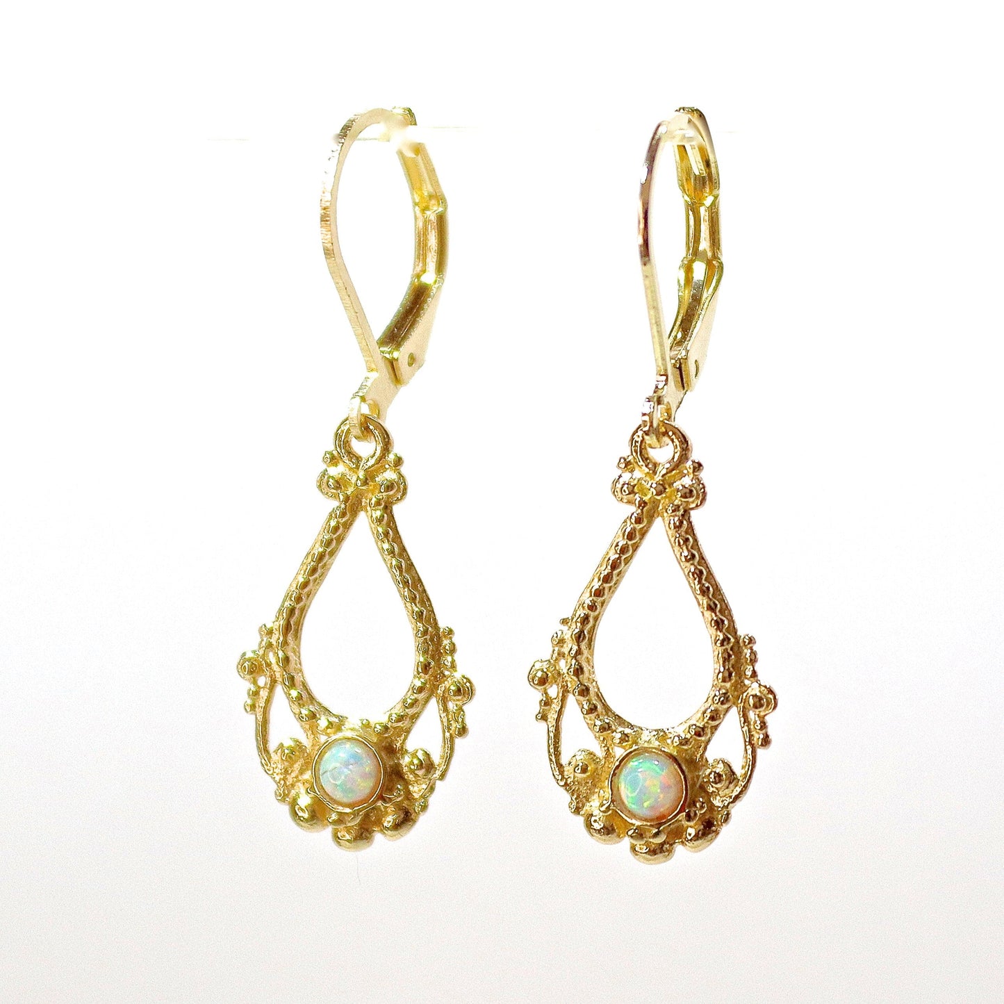 Opal earrings, Solid 14k gold dangle earring, White opal victorian style earringd
