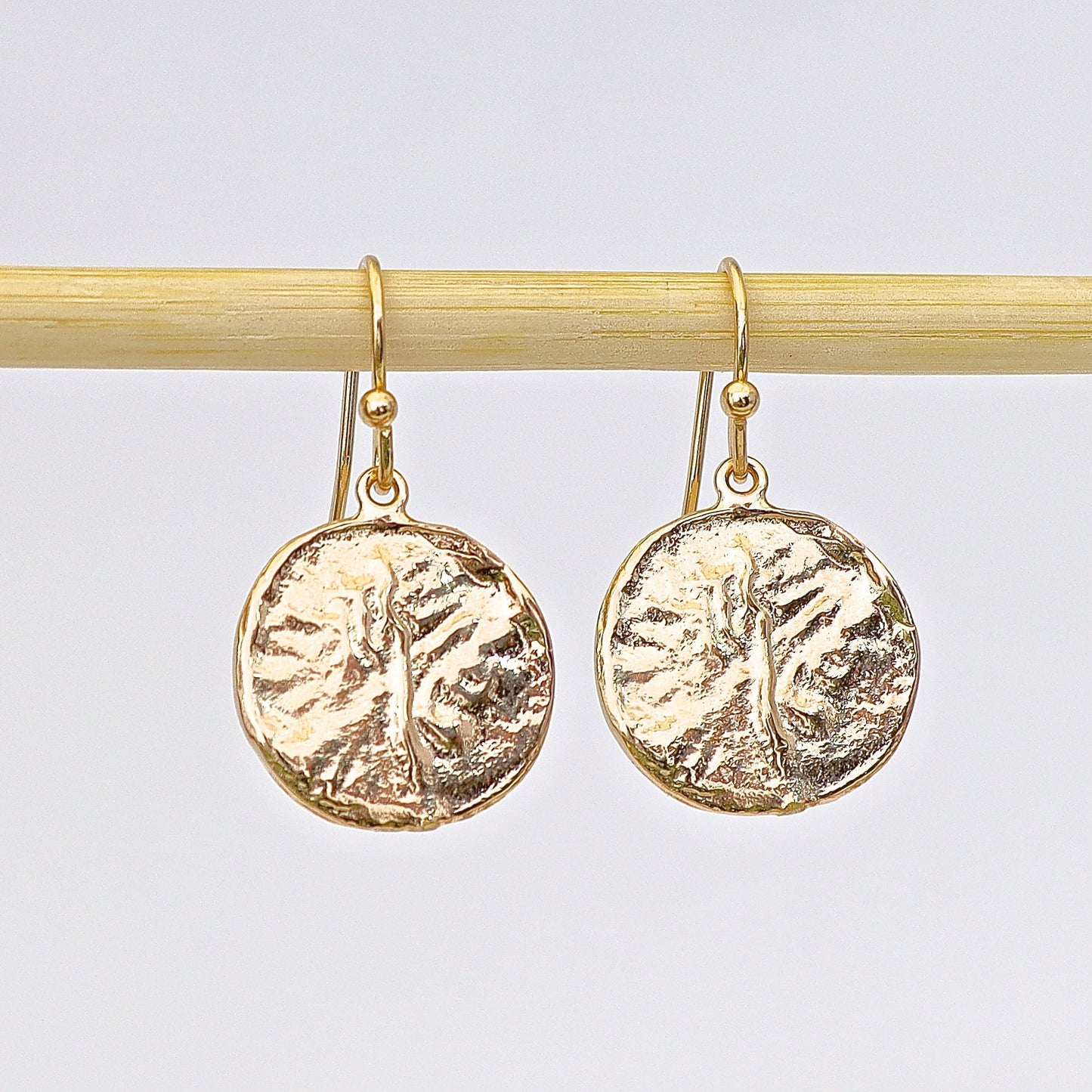 14k Gold Disc Dangle Earring, Textured Coin Circle Design, Boho Jewelry