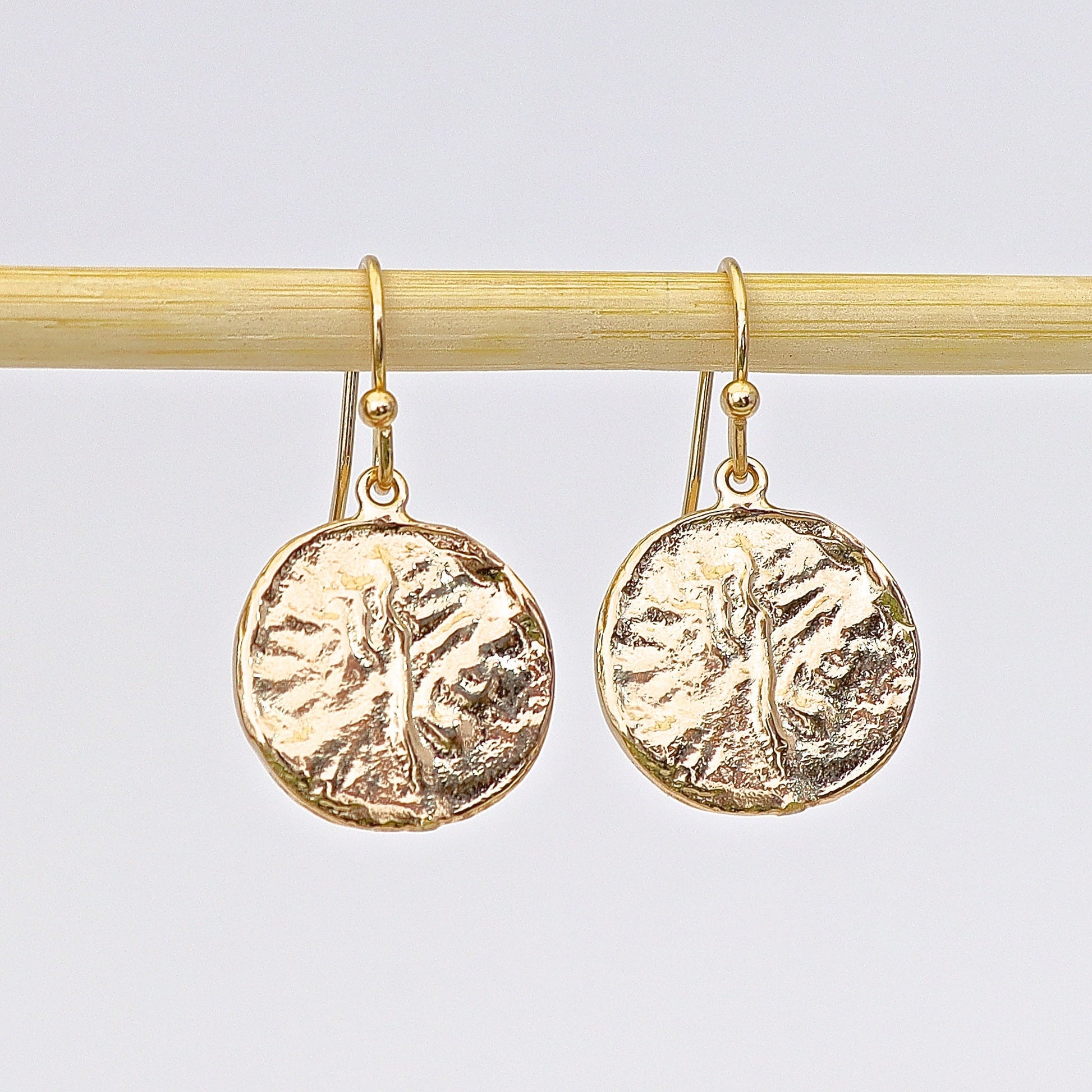 14k Gold Disc Dangle Earring, Textured Coin Circle Design, Boho Jewelry
