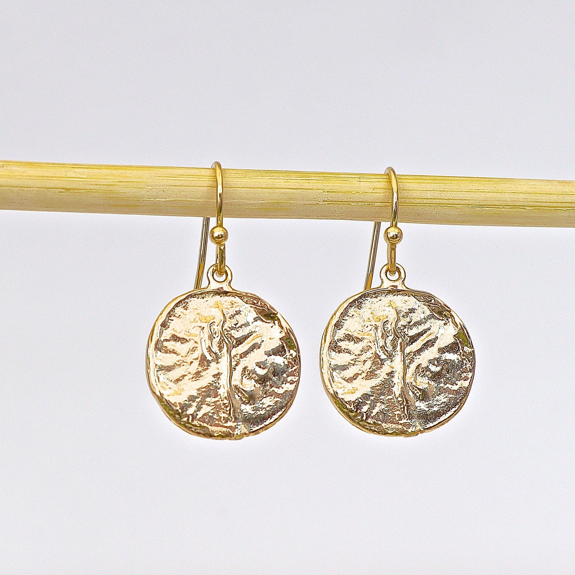 14k Gold Disc Dangle Earring, Textured Coin Circle Design, Boho Jewelry