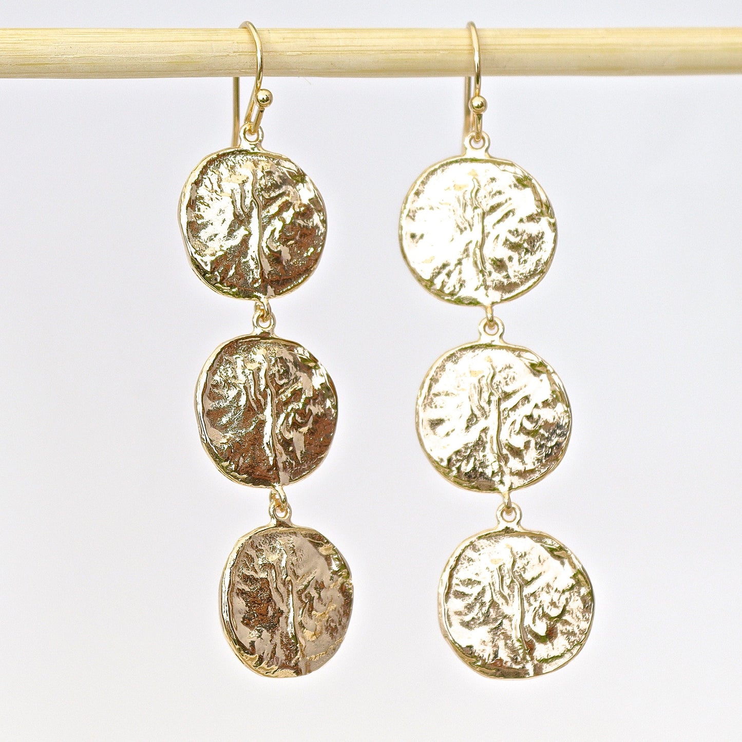 Long gold coin dangle earrings, Triple disk gold earrings