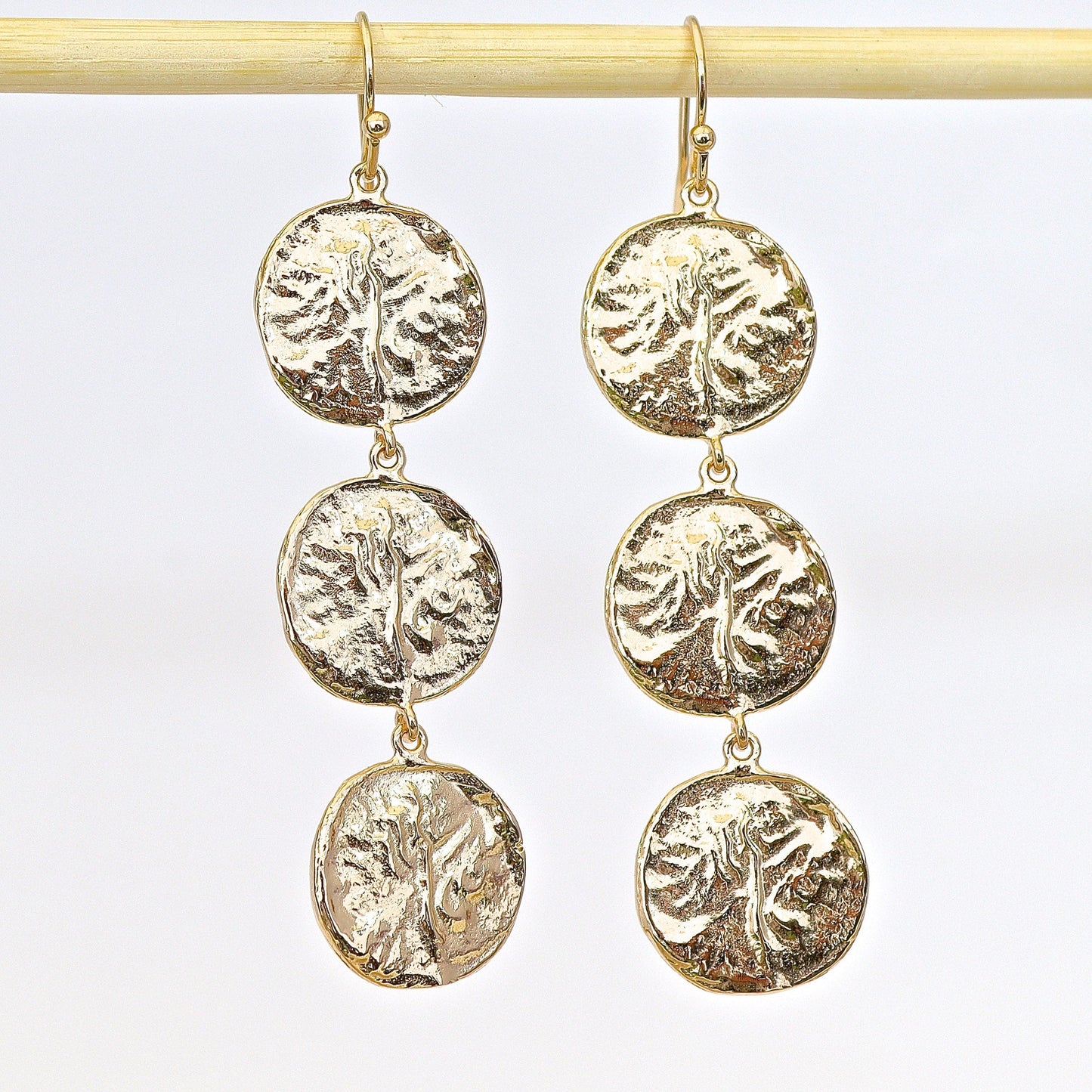 Long gold coin dangle earrings, Triple disk gold earrings