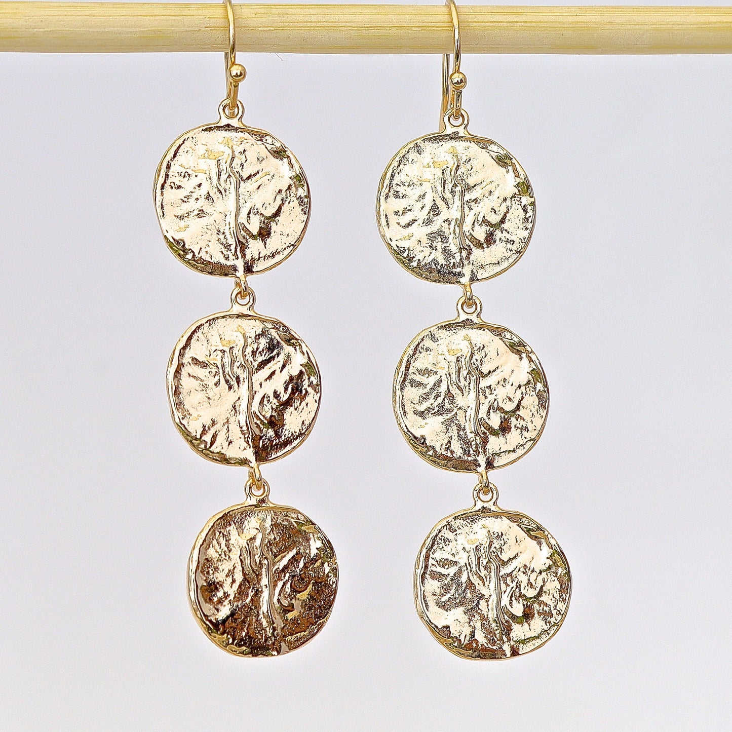 Long gold coin dangle earrings, Triple disk gold earrings