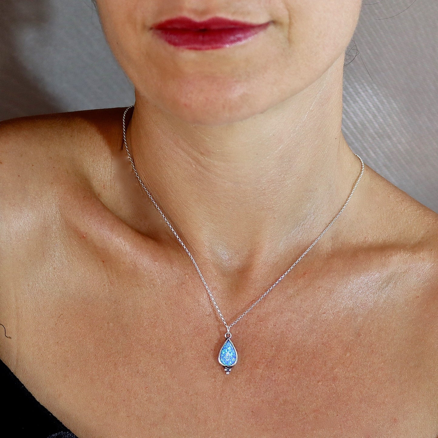 Opal drop מecklace pendant, Sterling silver 925 teardrop pendant, Blue Opal necklace