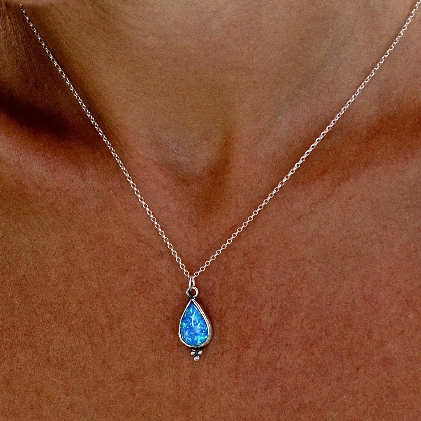 Opal drop מecklace pendant, Sterling silver 925 teardrop pendant, Blue Opal necklace