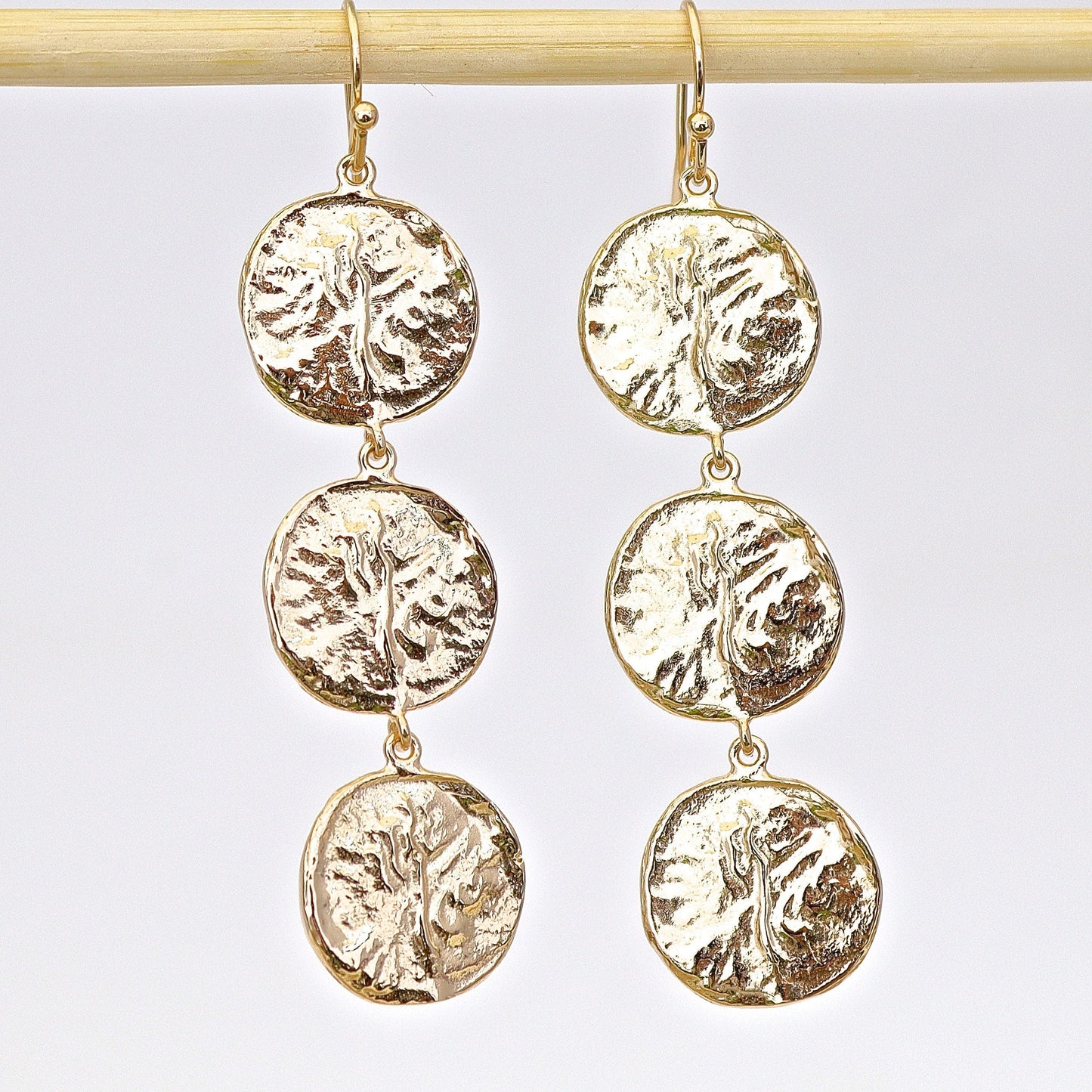 Long gold coin dangle earrings, Triple disk gold earrings
